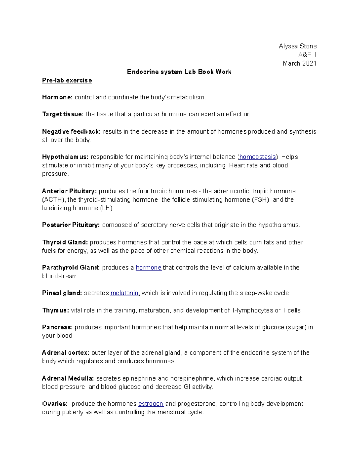 Endocrine system lab work - Alyssa Stone A&P II March 2021 Endocrine ...