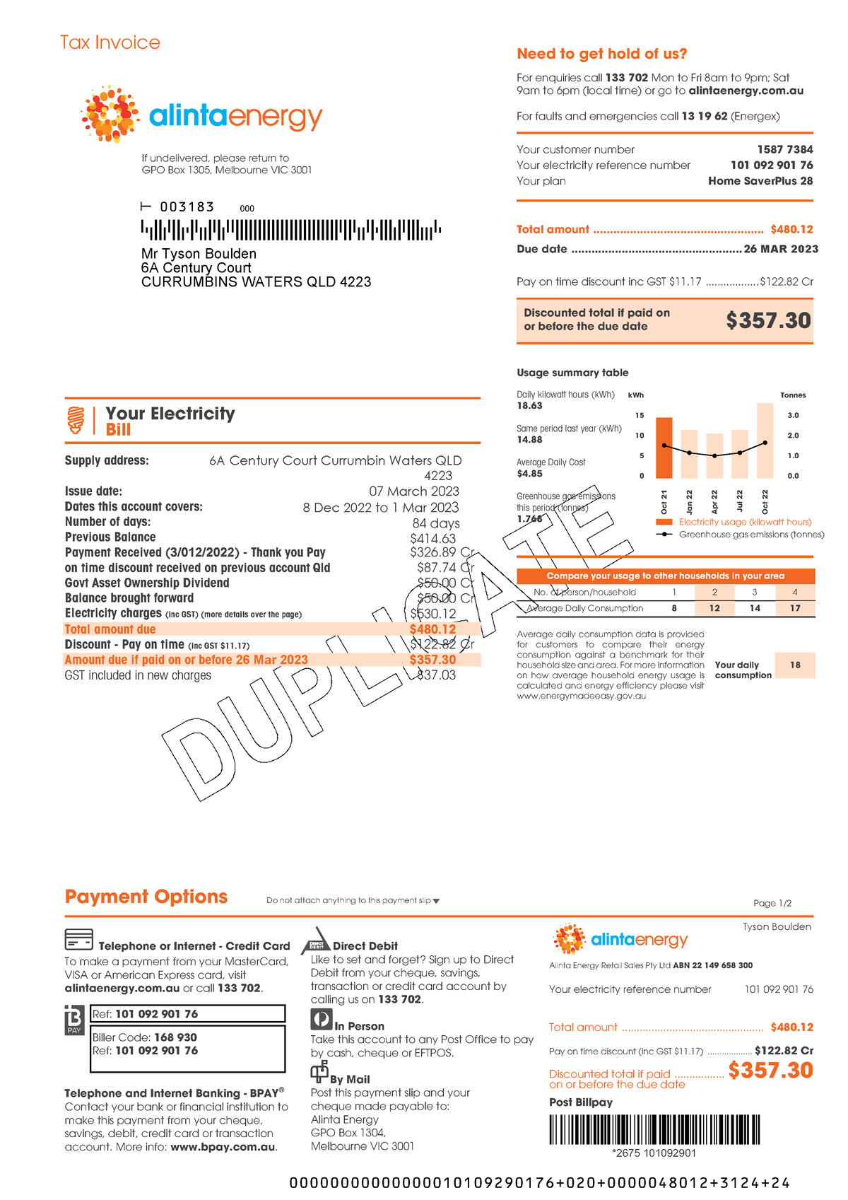 Power bill - Tax Invoice If undelivered, please return to GPO Box 1305 ...