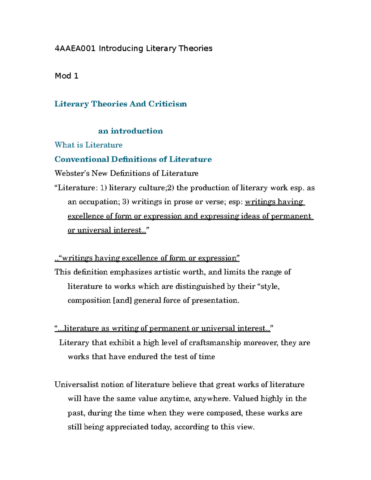 Lecture Notes - Complete - 4AAEA001 Introducing Literary Theories Mod 1 ...