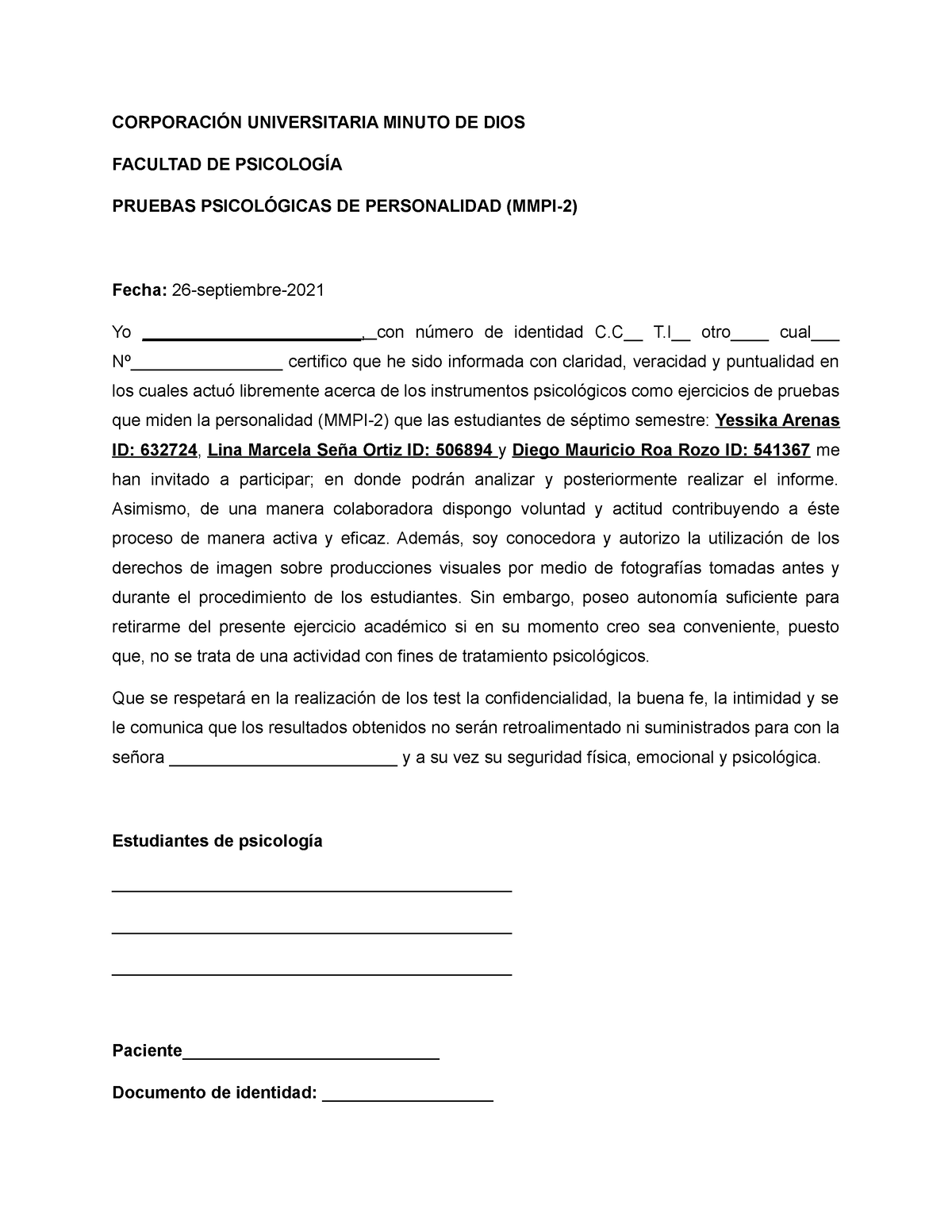 Consentimiento Informado Para Test En Pacientes CorporaciÓn Universitaria Minuto De Dios 0545