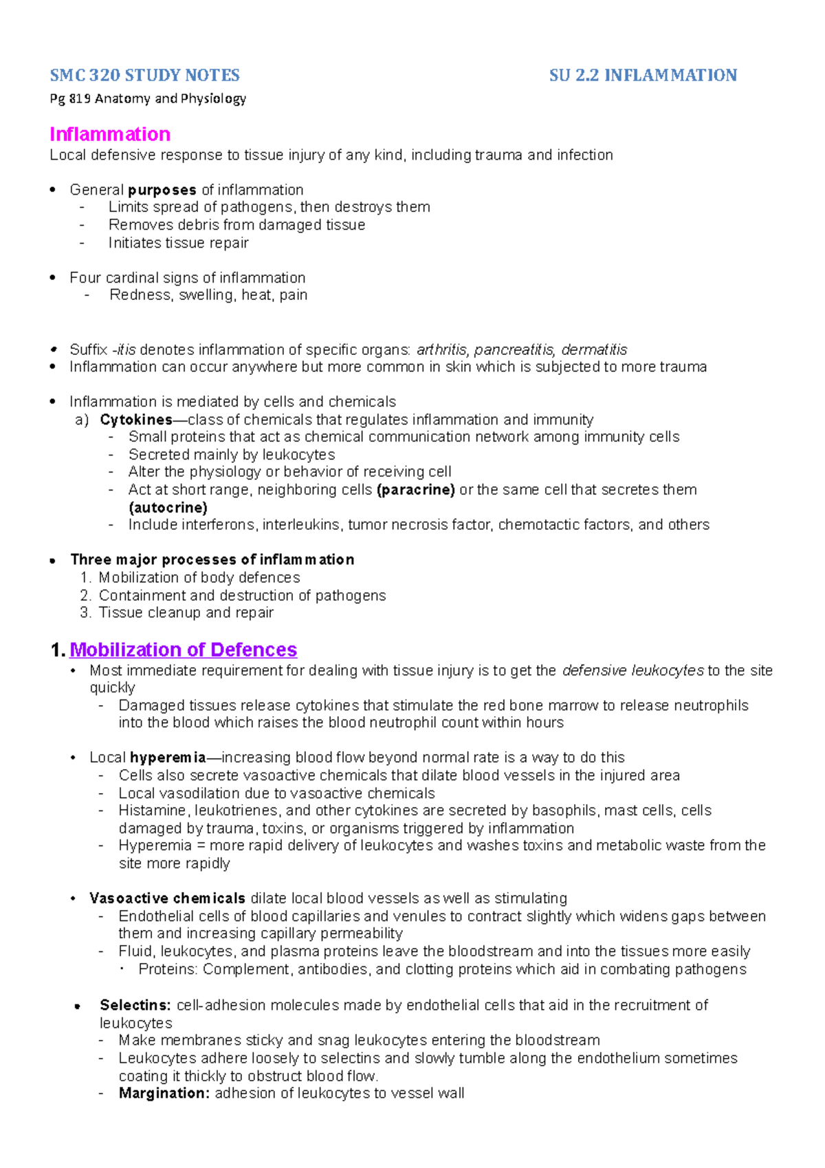 Tissue Inflammation - SMC 320 STUDY NOTES SU 2 INFLAMMATION Pg 819 ...