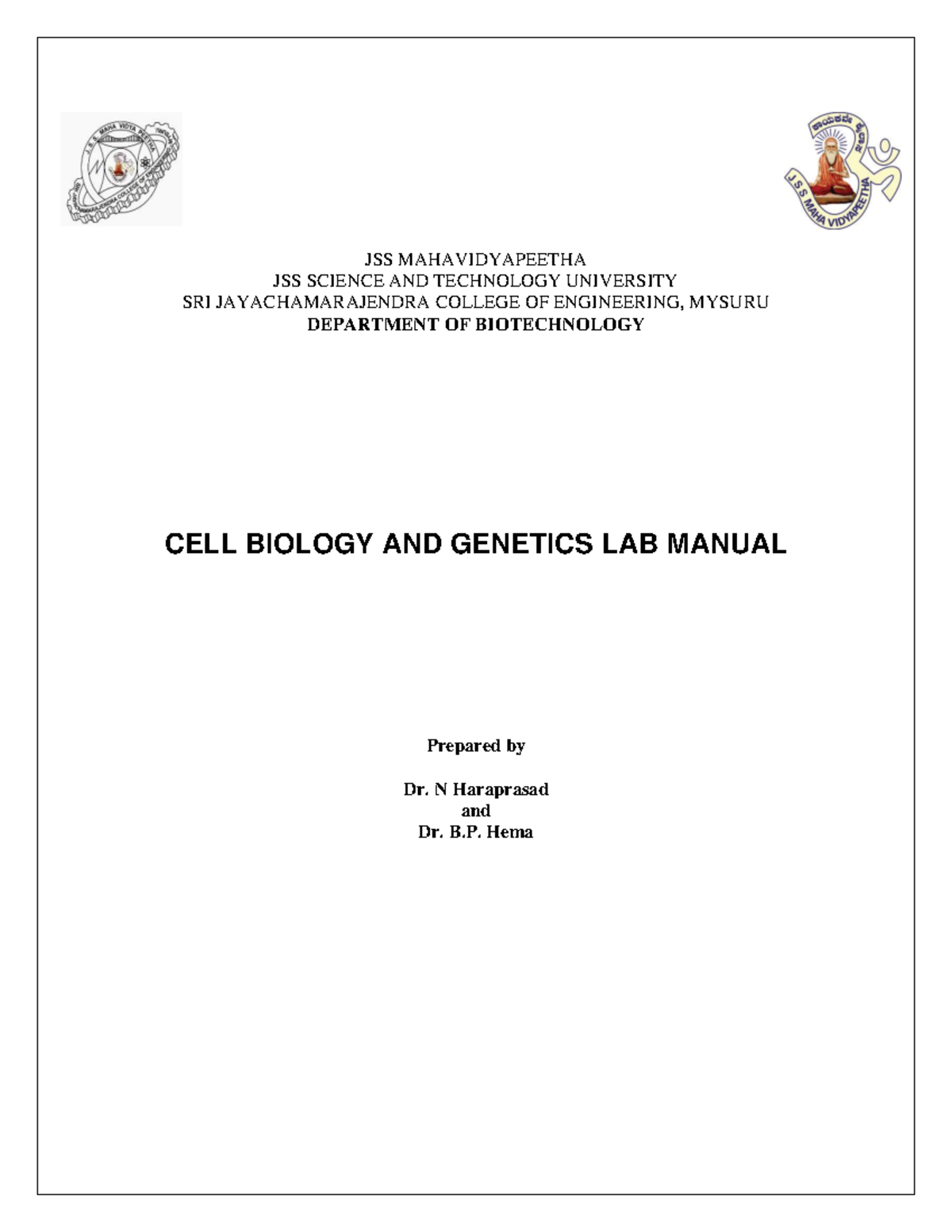 Cell Biology Laboratory Manual 17 18 JSS MAHAVIDYAPEETHA JSS