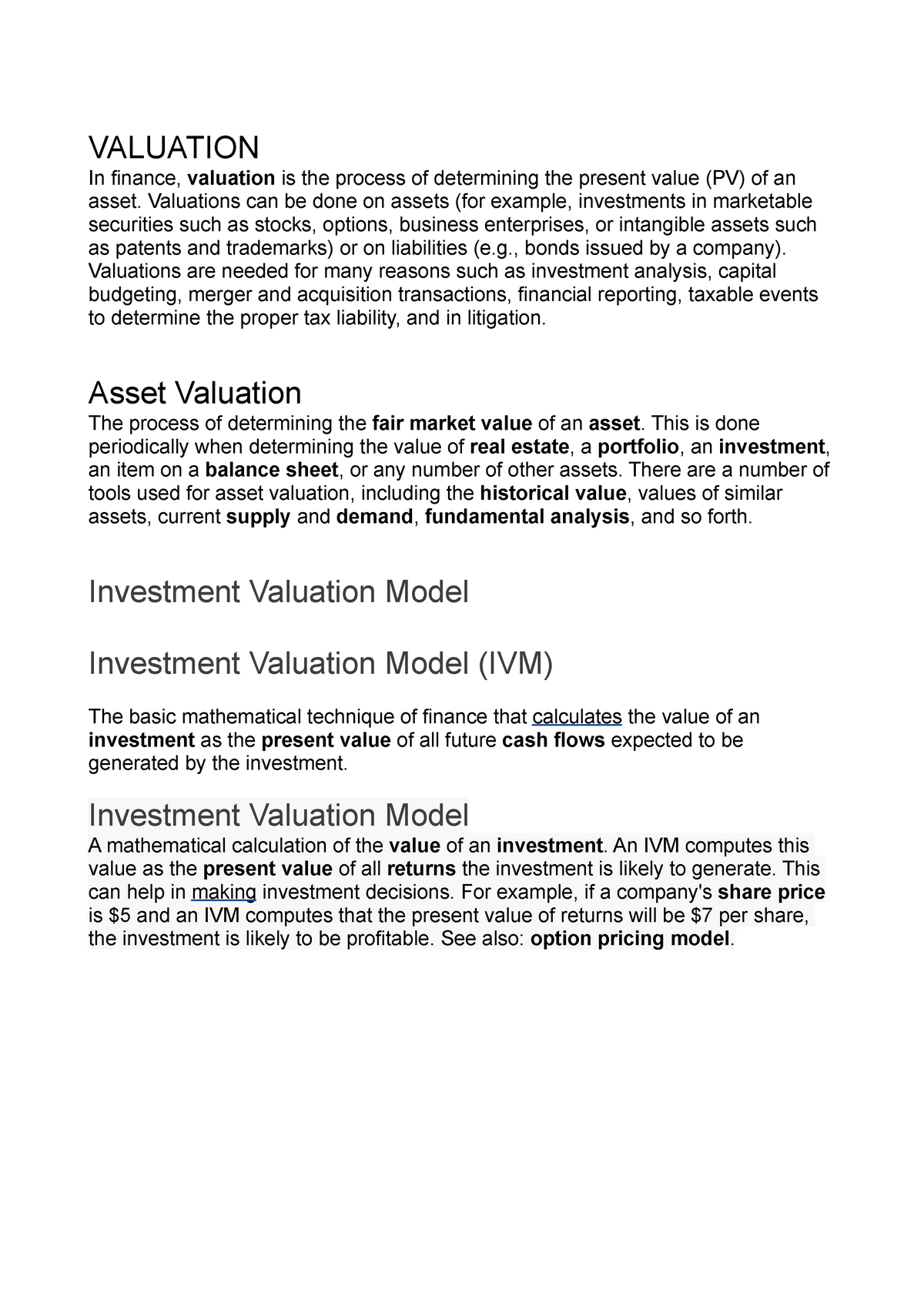 Asset Valuation Homework VALUATION In Finance Valuation Is The 