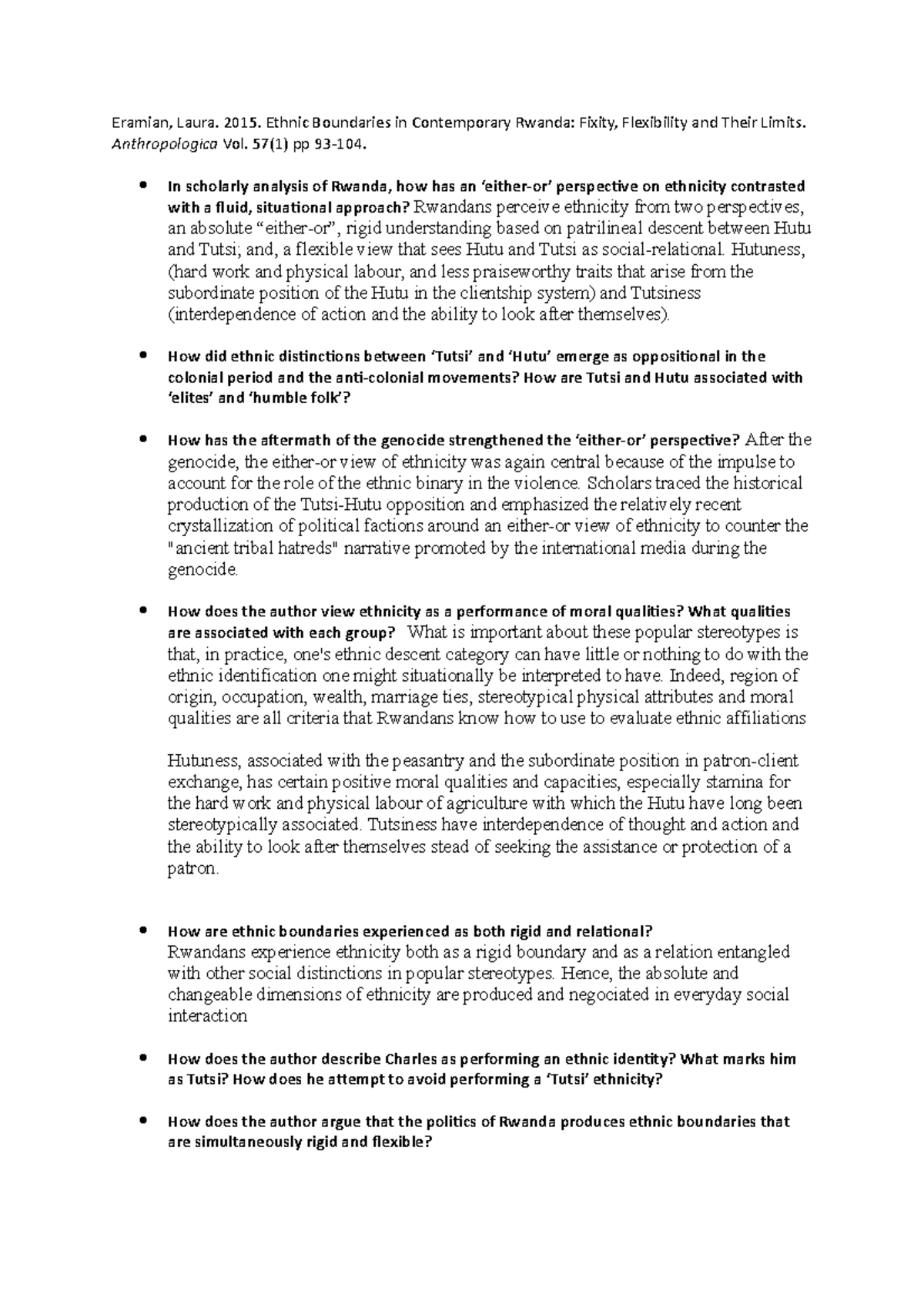 Ethnic Boundaries in Contemporary Rwanda. Tutorial reading questions ...