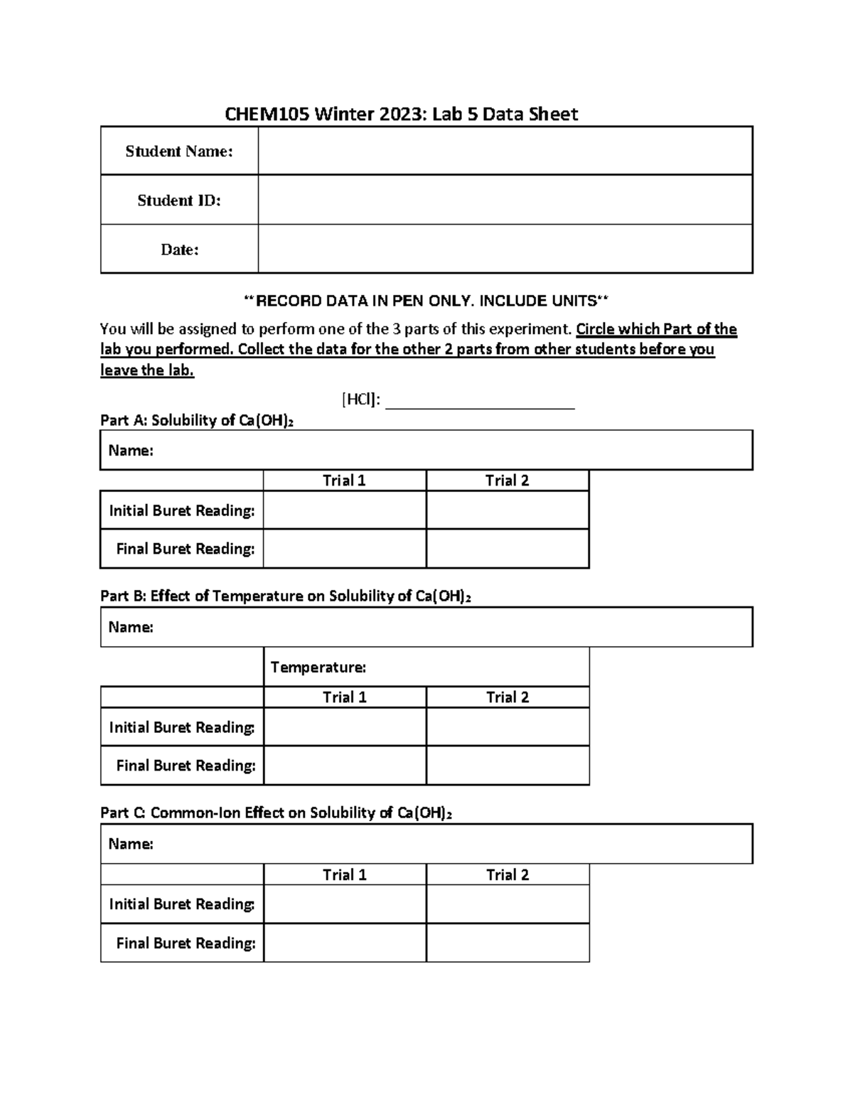 CHEM105 Lab 5 Data Sheet - CHEM10 5 Winter 2023: Lab 5 Data Sheet ...