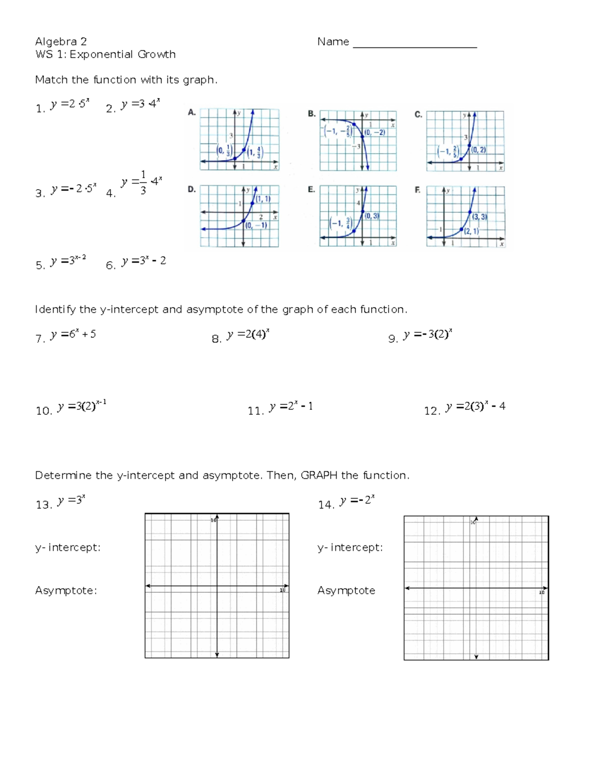 Ws 1 Exponential Growth - Algebra 2 Name                         Ws 1 