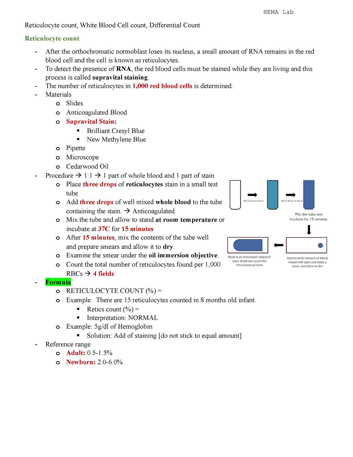 Reticulocyte count, White Blood Cell count, Differential Count - To ...