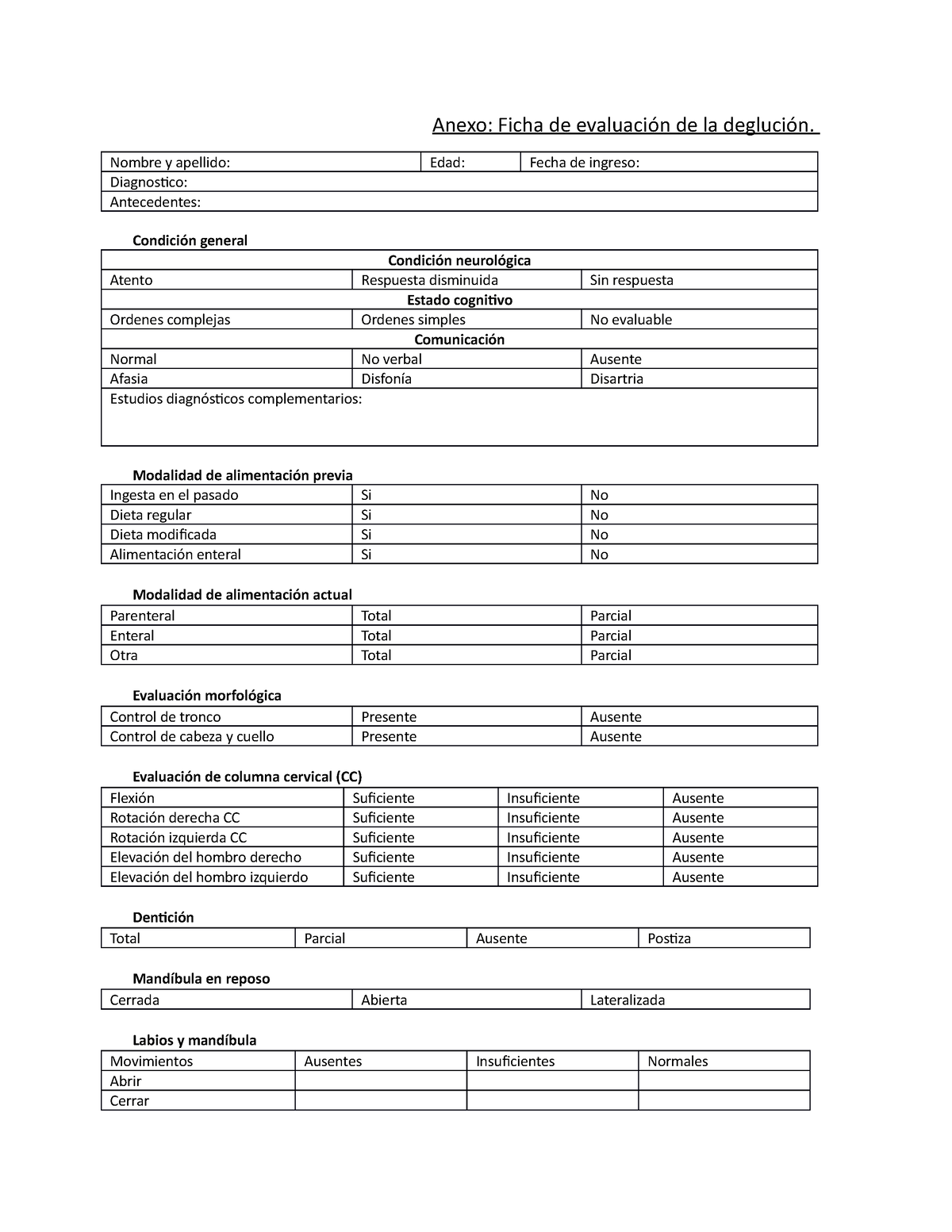 Anexo De Evaluacion De La Deglucion Anexo Ficha De Evaluación De La Deglución Nombre Y 2052
