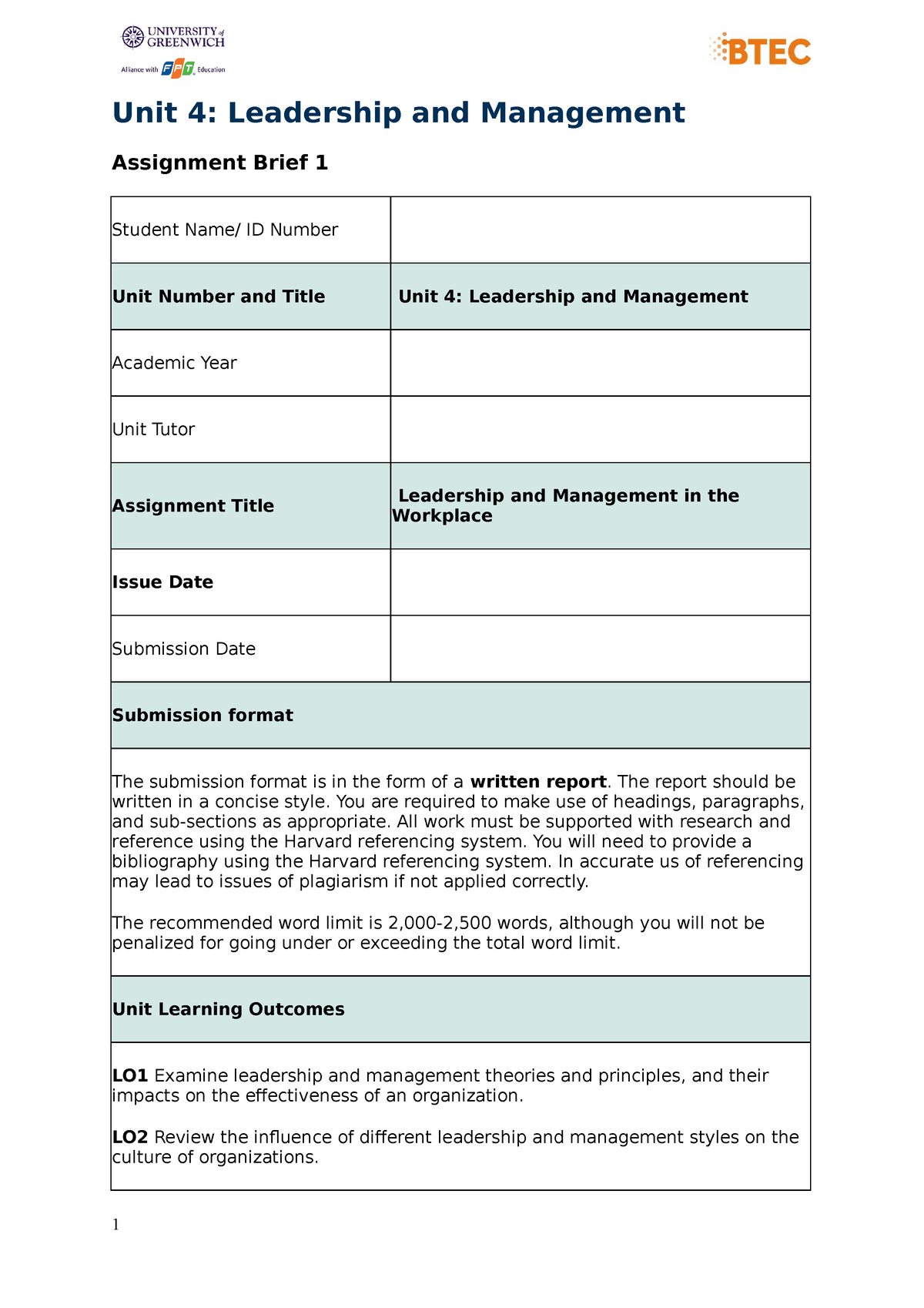 unit 4 leadership and management assignment