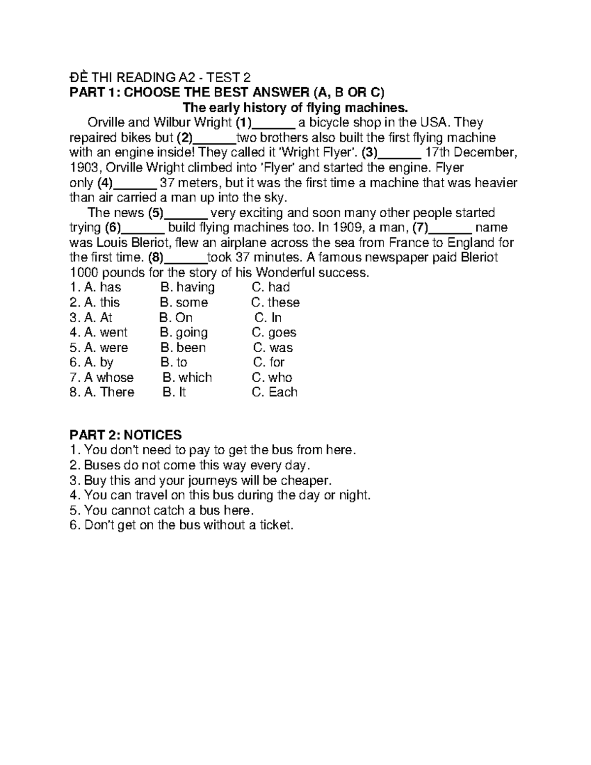 A2 Reading Test2 - ĐỀ THI READING A2 - TEST 2 PART 1: CHOOSE THE BEST ...