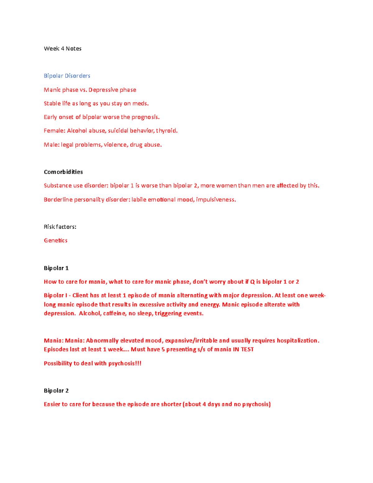 Week 4 Notes - Week 4 Notes Bipolar Disorders Manic phase vs ...
