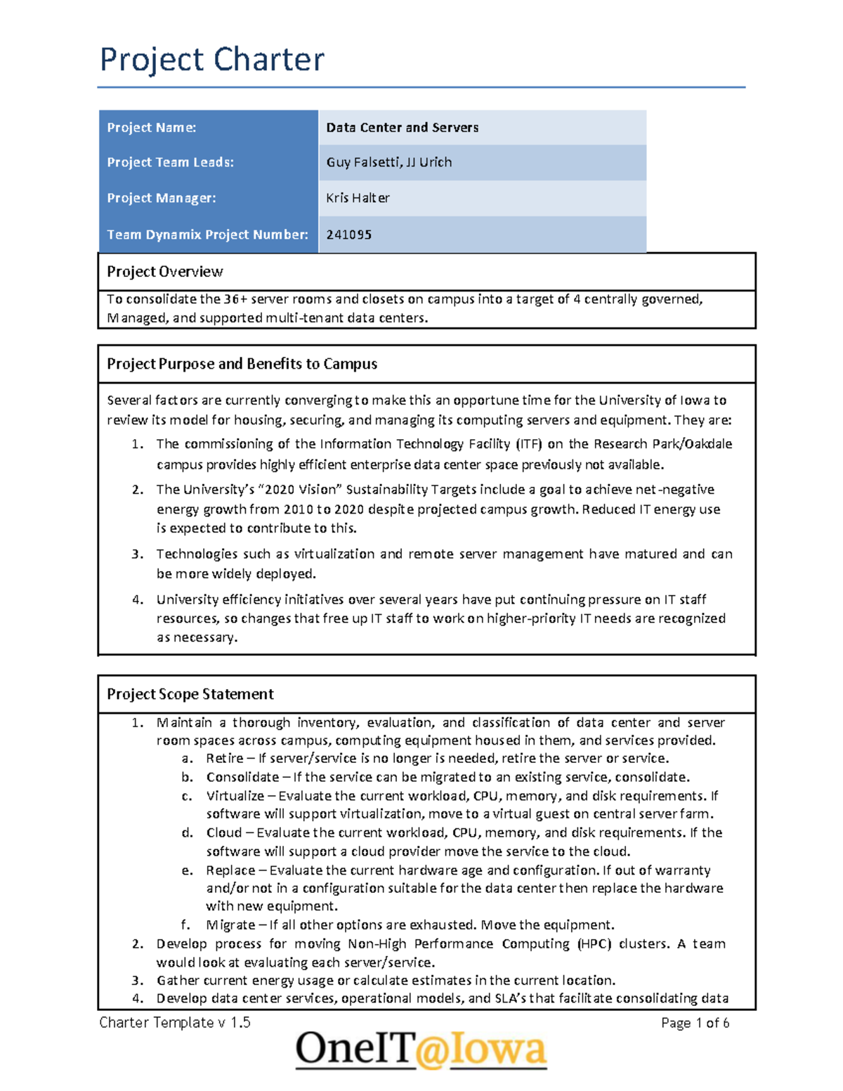 Project Charter Template 13 - Project Name: Data Center and Servers ...