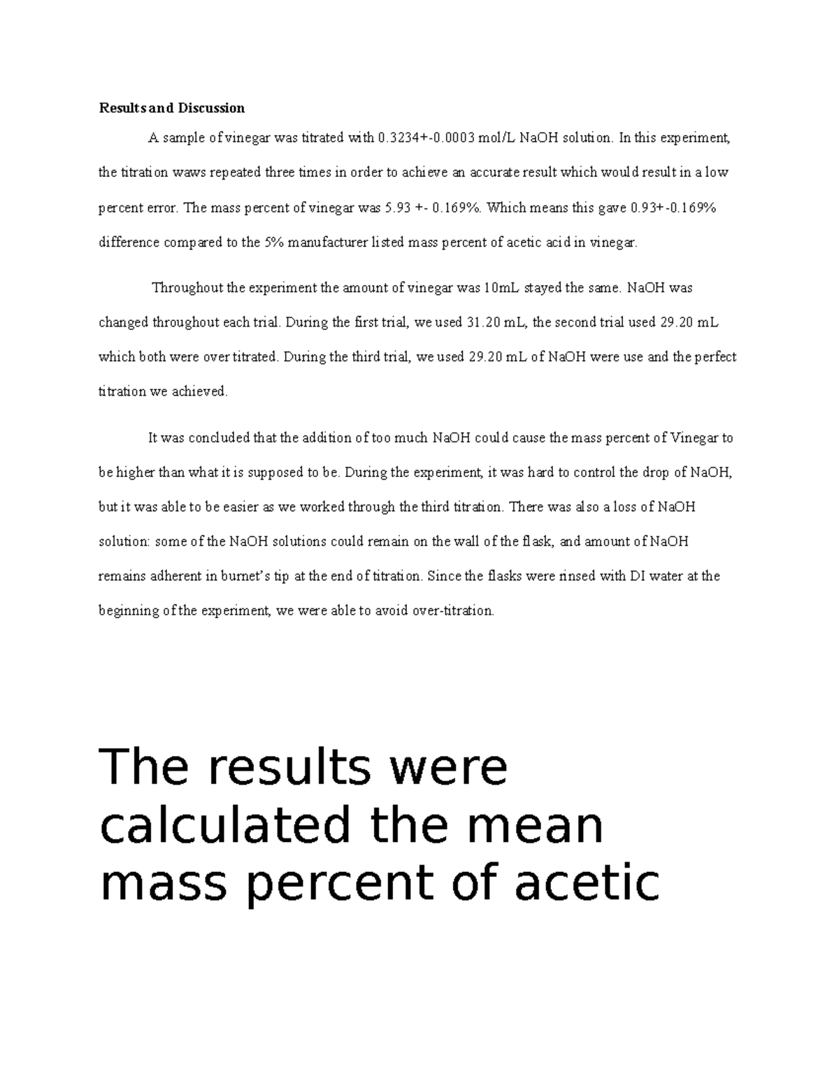 Results and Discussion In this experiment, the titration waws