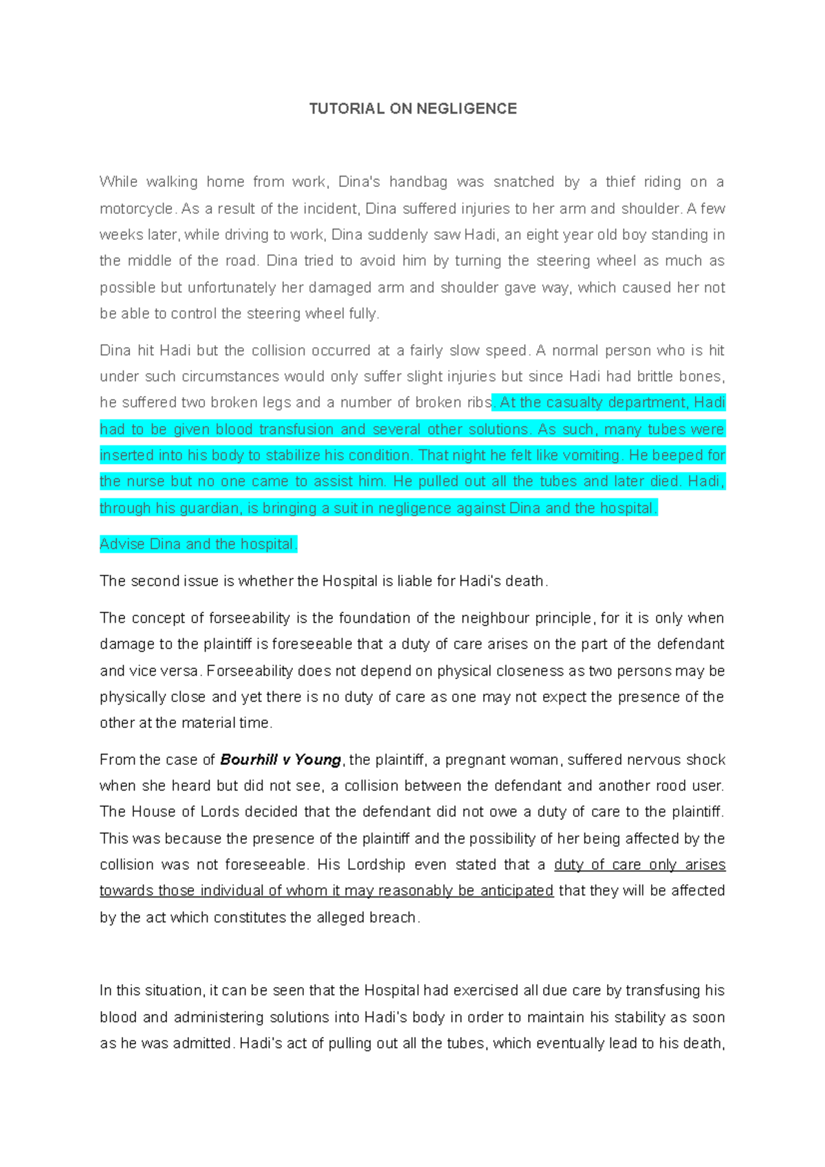 Tutorial ON Negligence Problem Based Question - TUTORIAL ON NEGLIGENCE ...