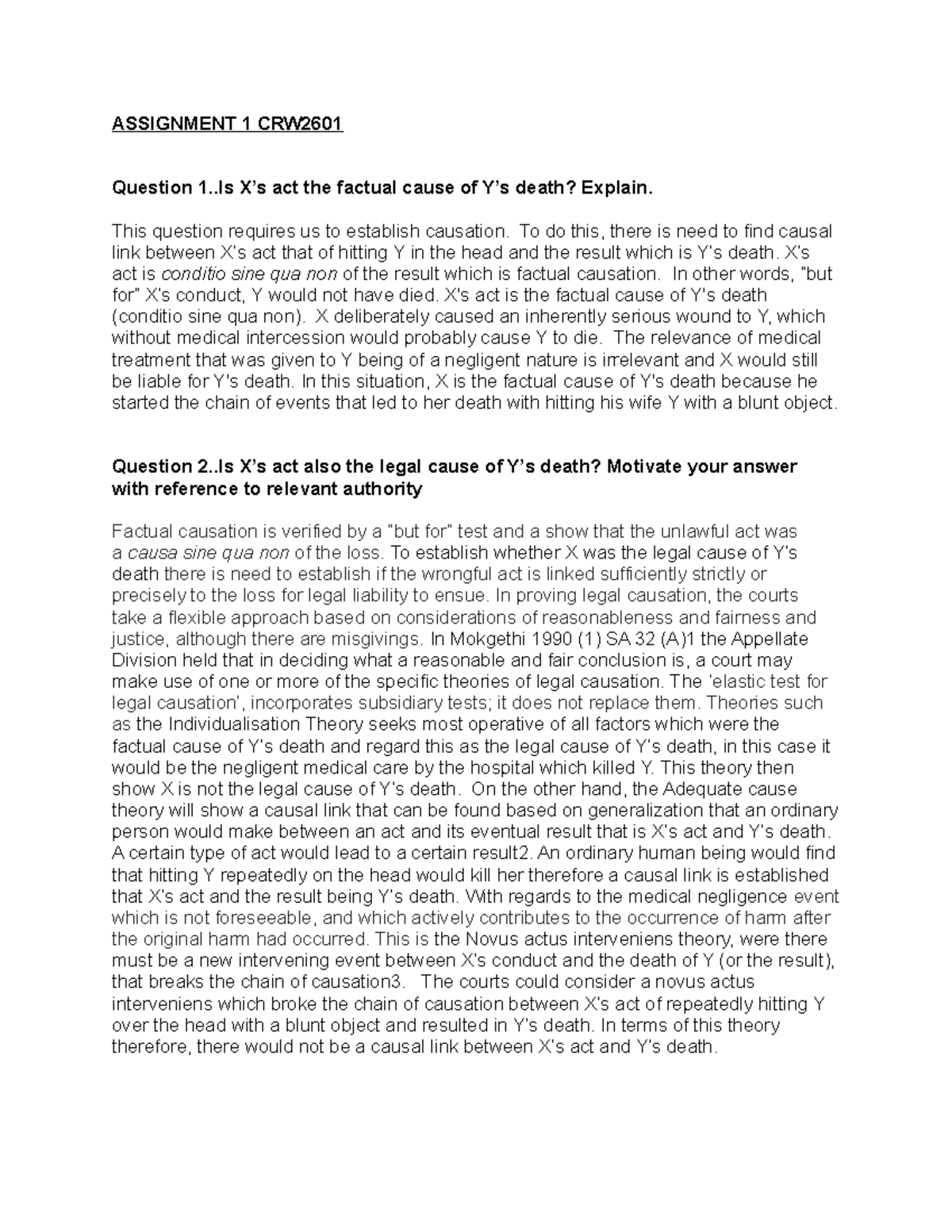 CRW assignment 1 upload - ASSIGNMENT 1 CRW Question 1. X’s act the ...