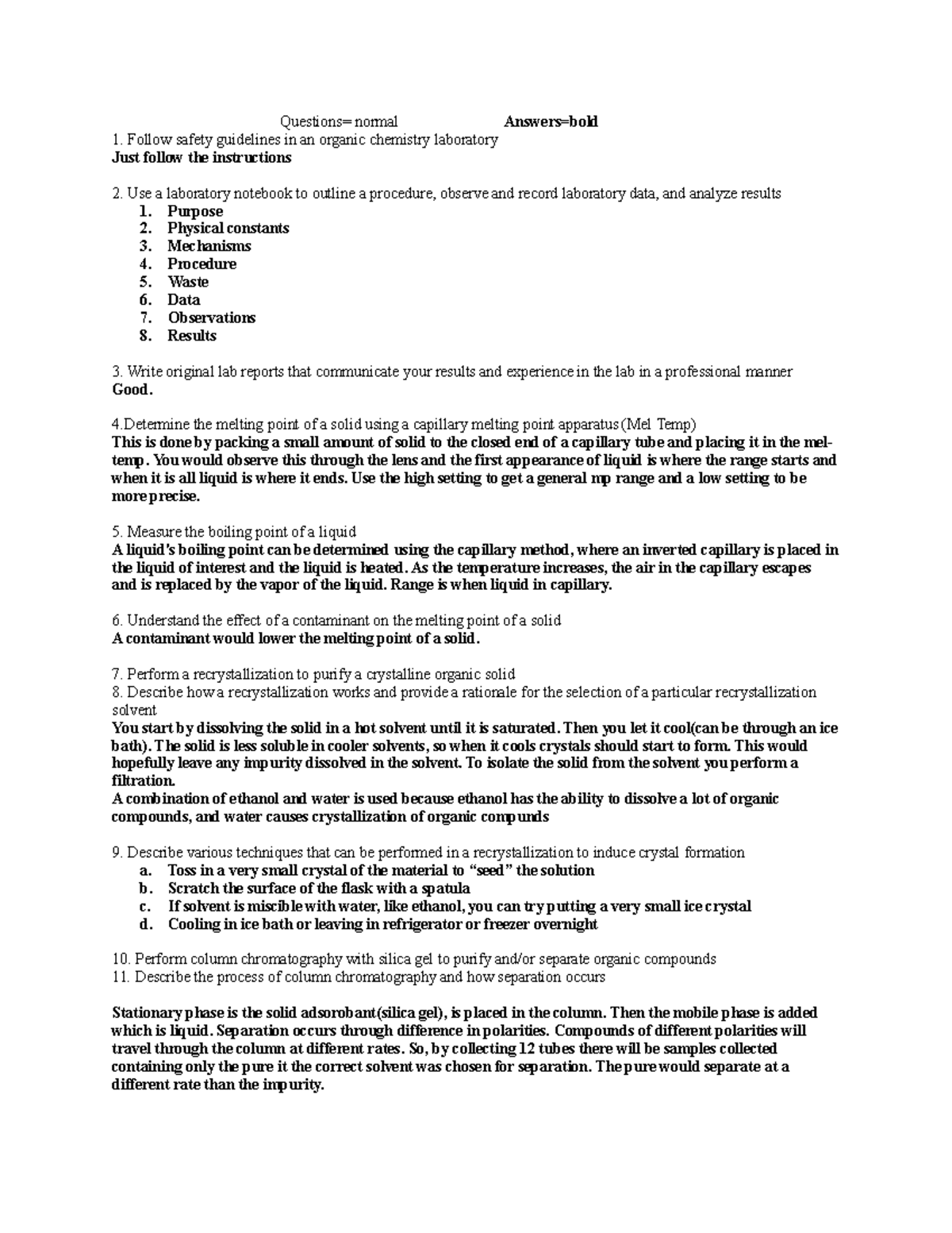Orgo lab 2 final study It is a w Questions= normal Answers=bold