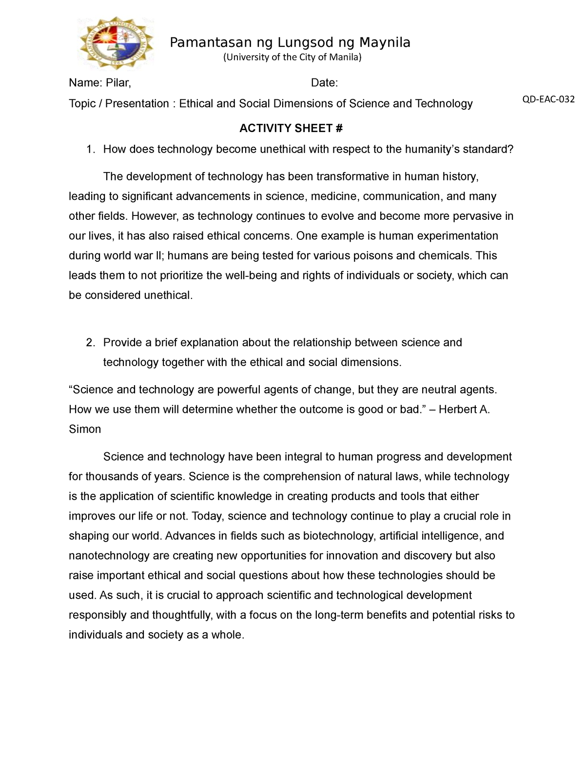 Group 1 Activity Sheet of Ethical and Social Dimensions of Science and ...