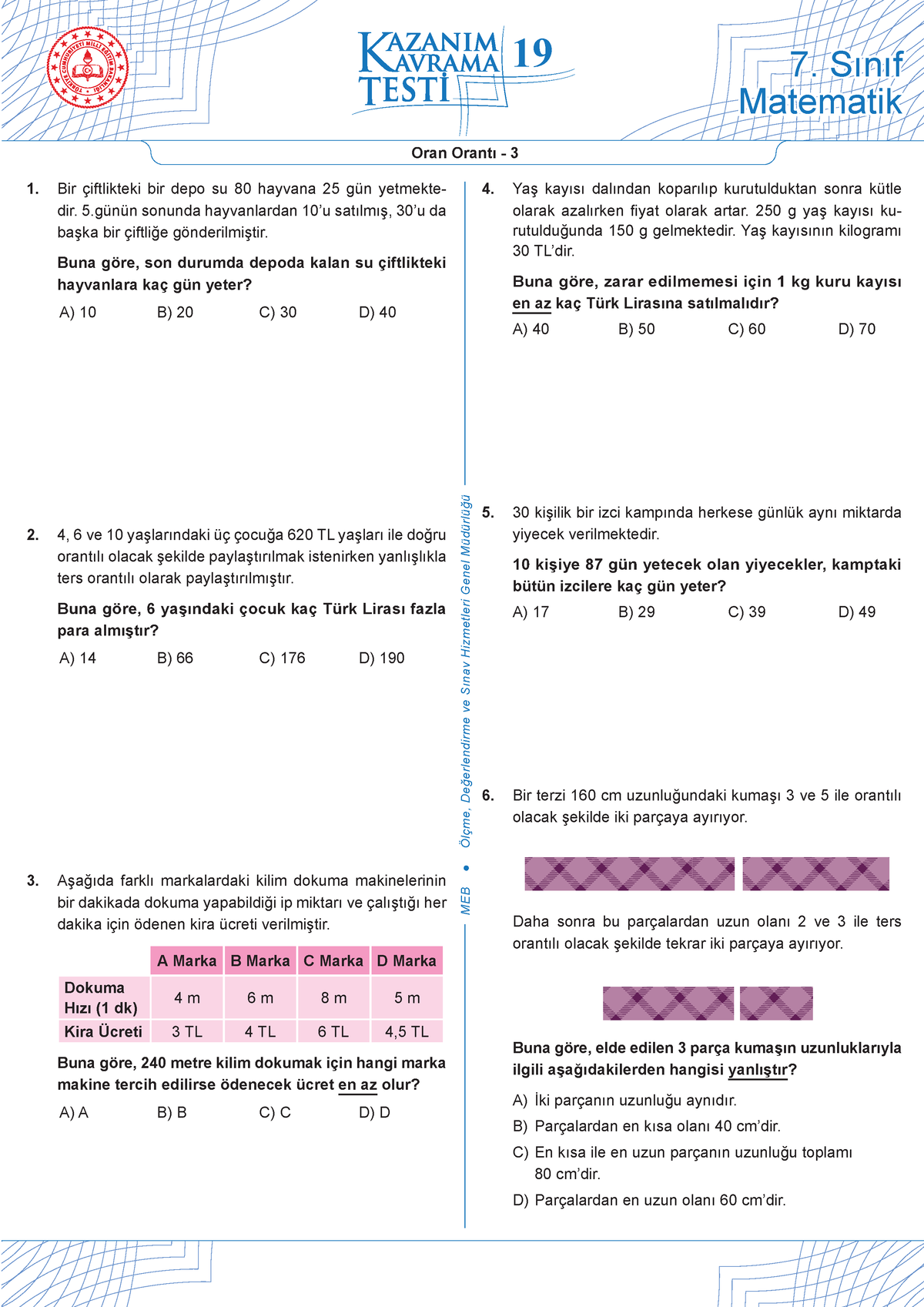 Matematik 7 Kazanim Kavrama 19 Oran Oranti - MEB Ölçme, Değerlendirme ...