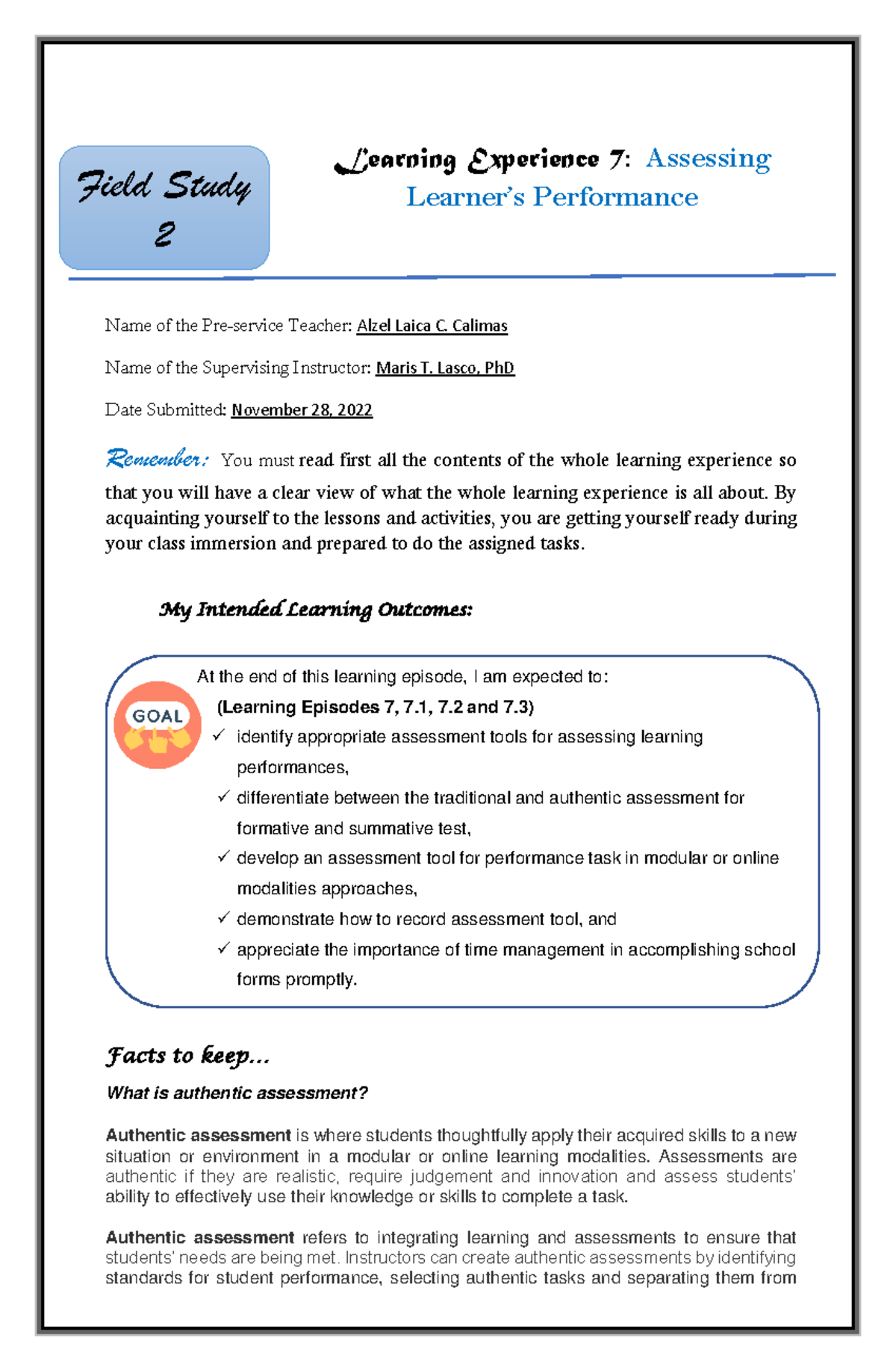 Fs2 Learning Episode 7 Learning Experience 7 Assessing Learners Performance Name Of The 7919