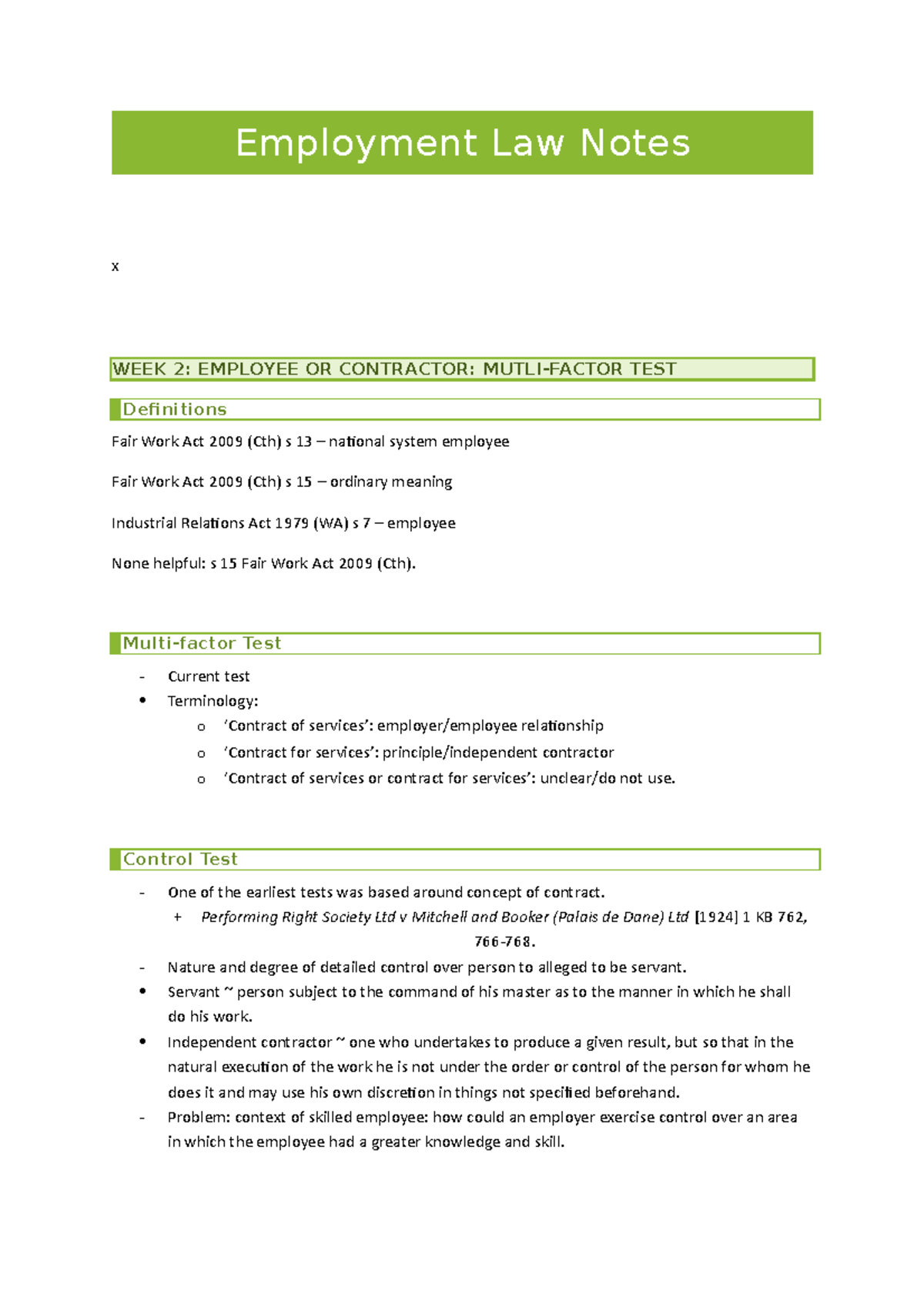 Employment Law Notes - Start of Week 2 - Employment Law Notes x WEEK 2 ...