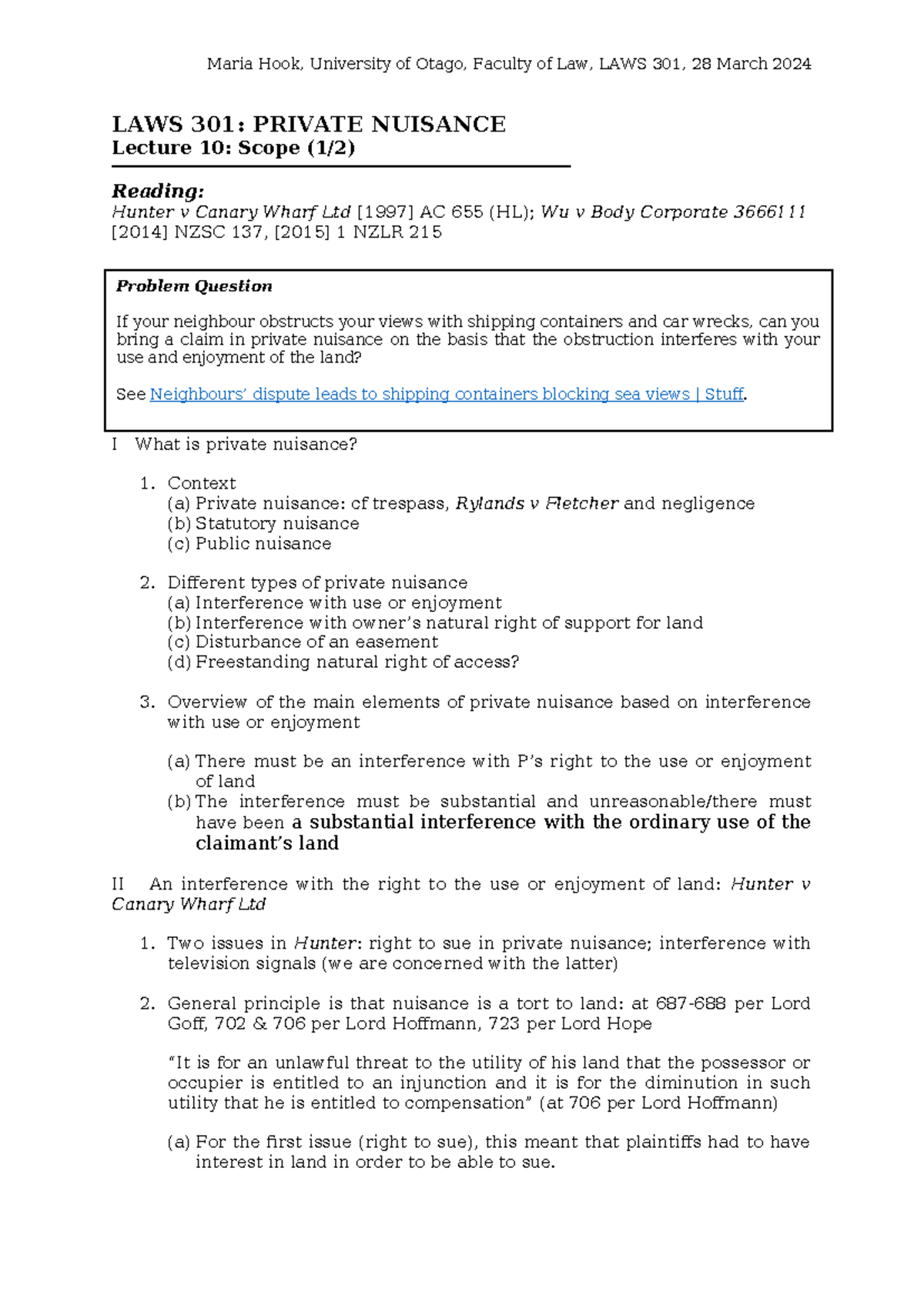 Lecture 10 Nuisance - scope (1) - Maria Hook, University of Otago ...