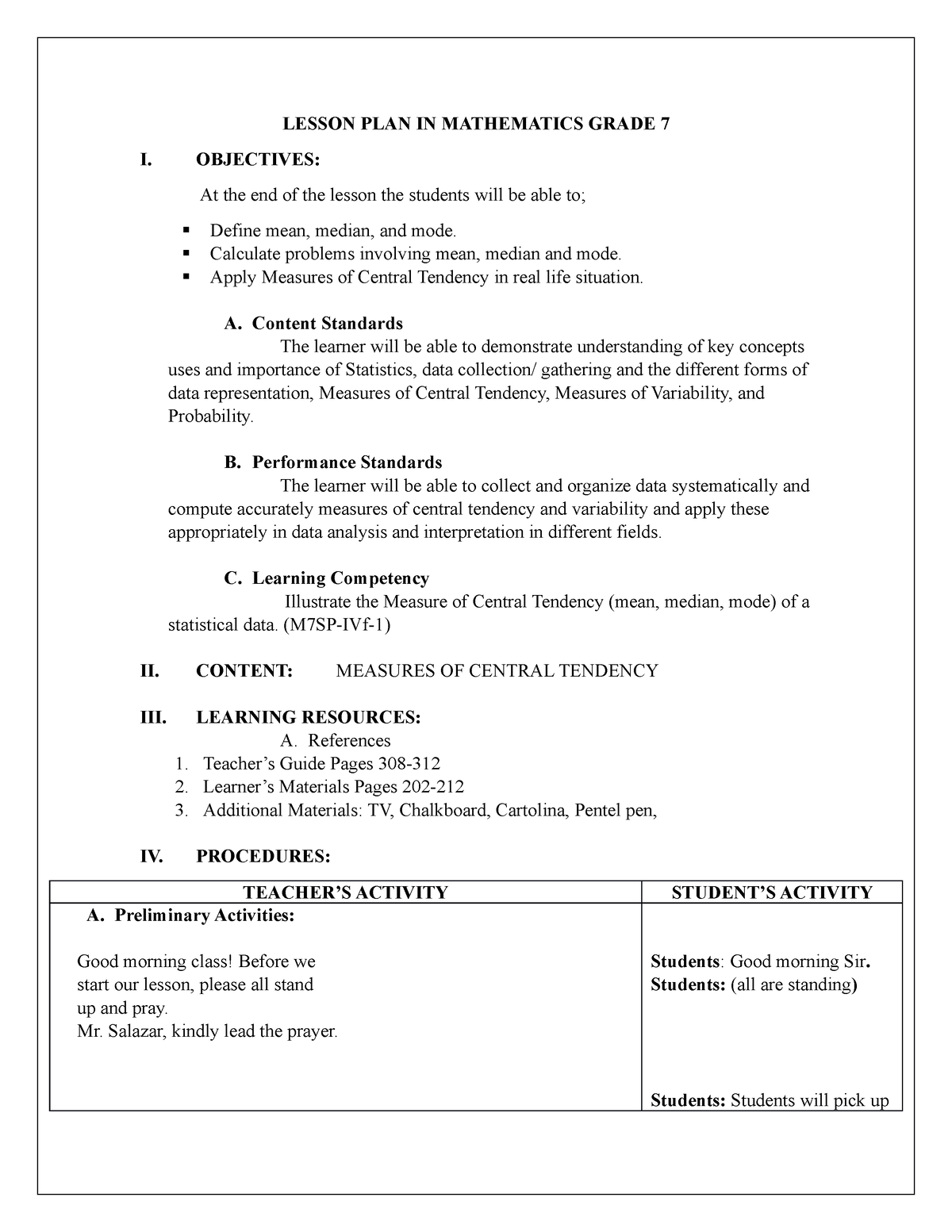 Edward Lesson Plan Grade 7 LESSON PLAN IN MATHEMATICS GRADE 7 I OBJECTIVES At The End Of The 