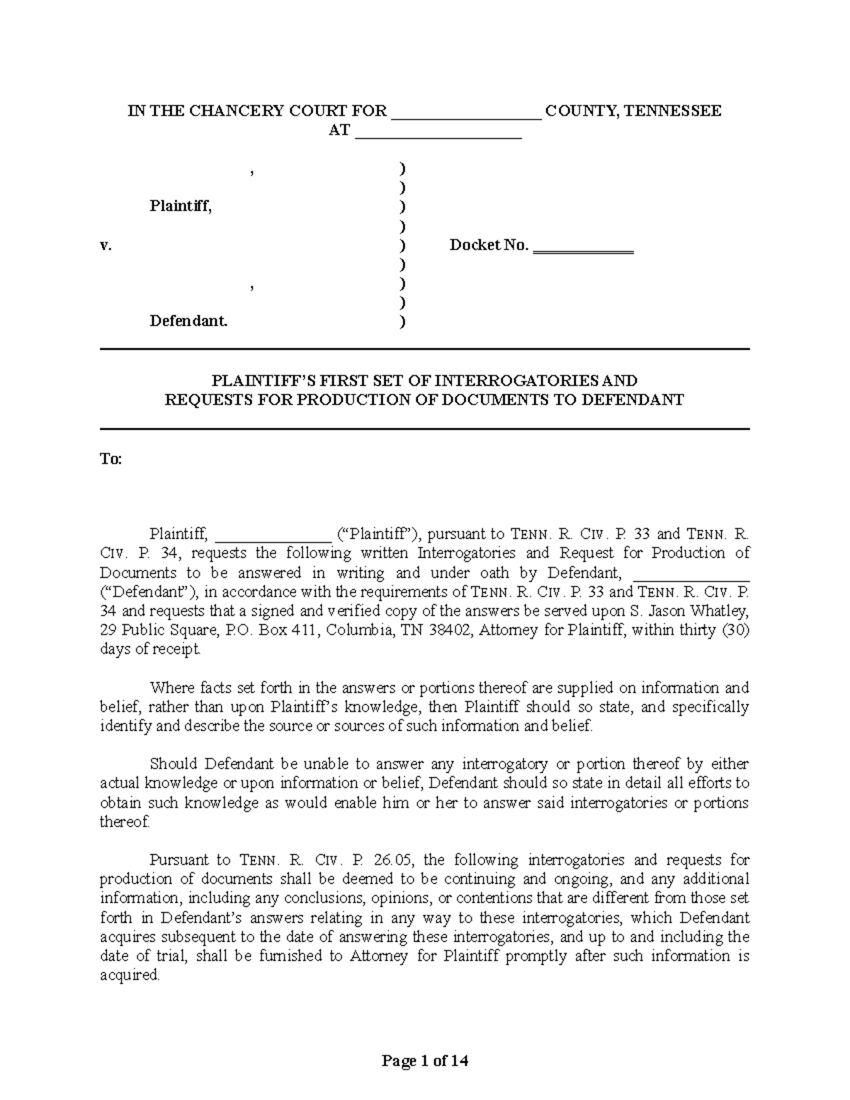 FORM Interrog. Divorce NO Children IN THE CHANCERY COURT FOR