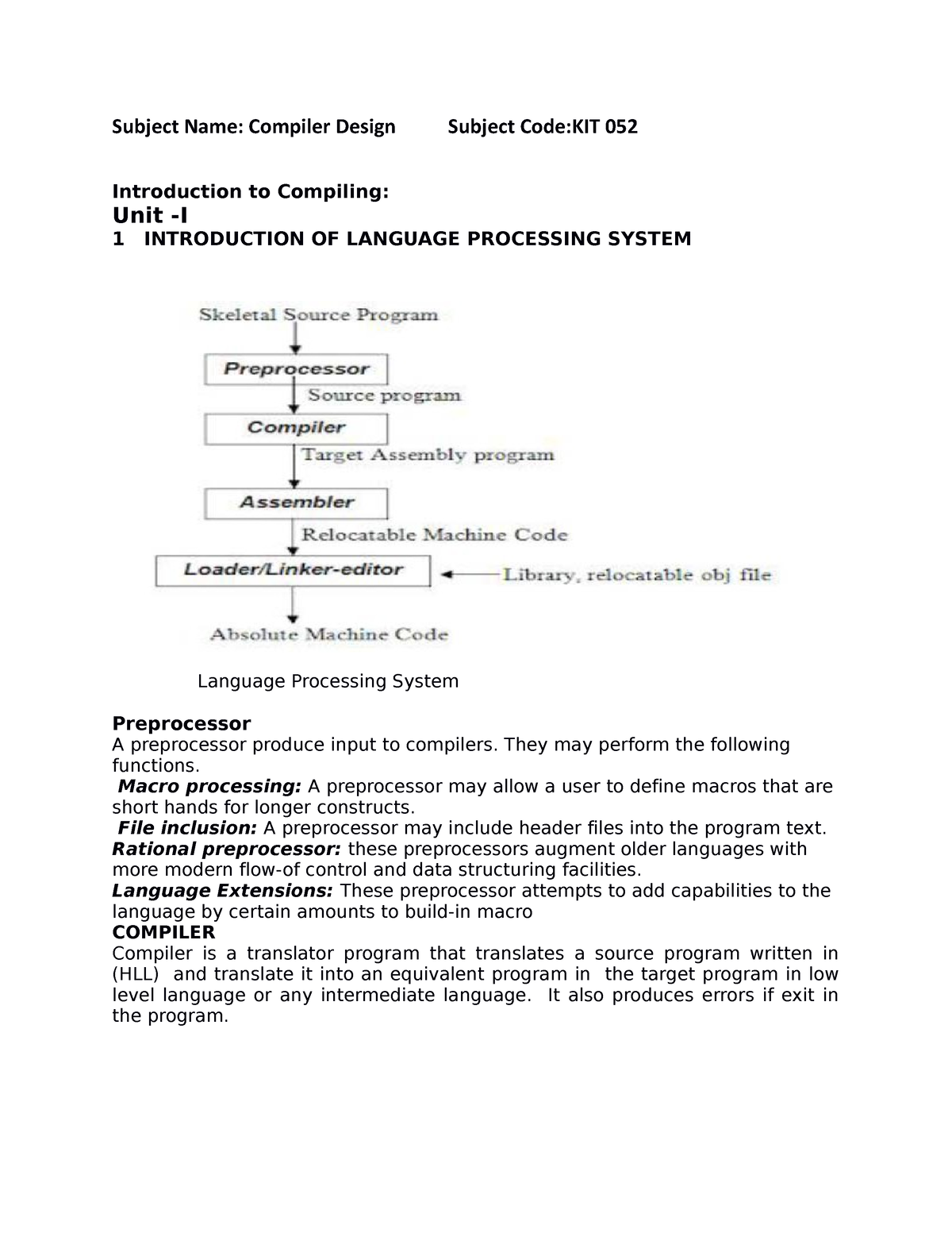 Compiler Design Note Unit -1 - Subject Name: Compiler Design Subject ...