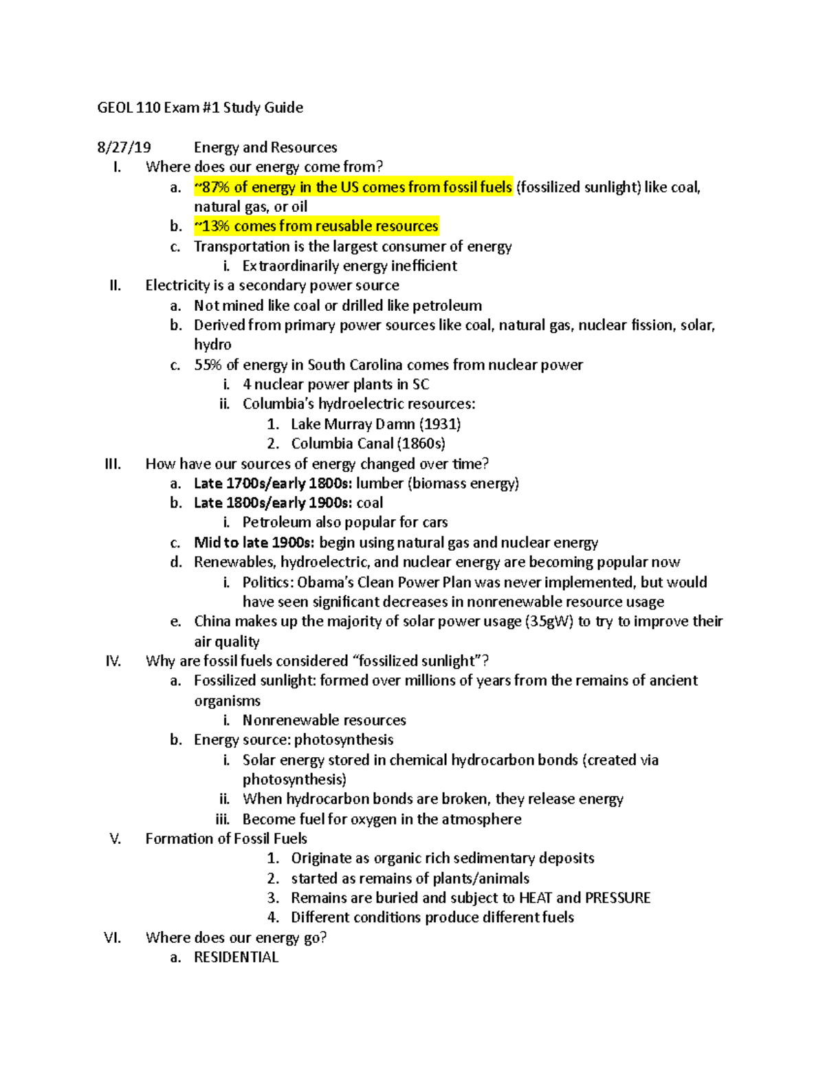 GEOL 110 Exam 1 Study Guide - GEOL 110 Exam #1 Study Guide 8/27/19 ...