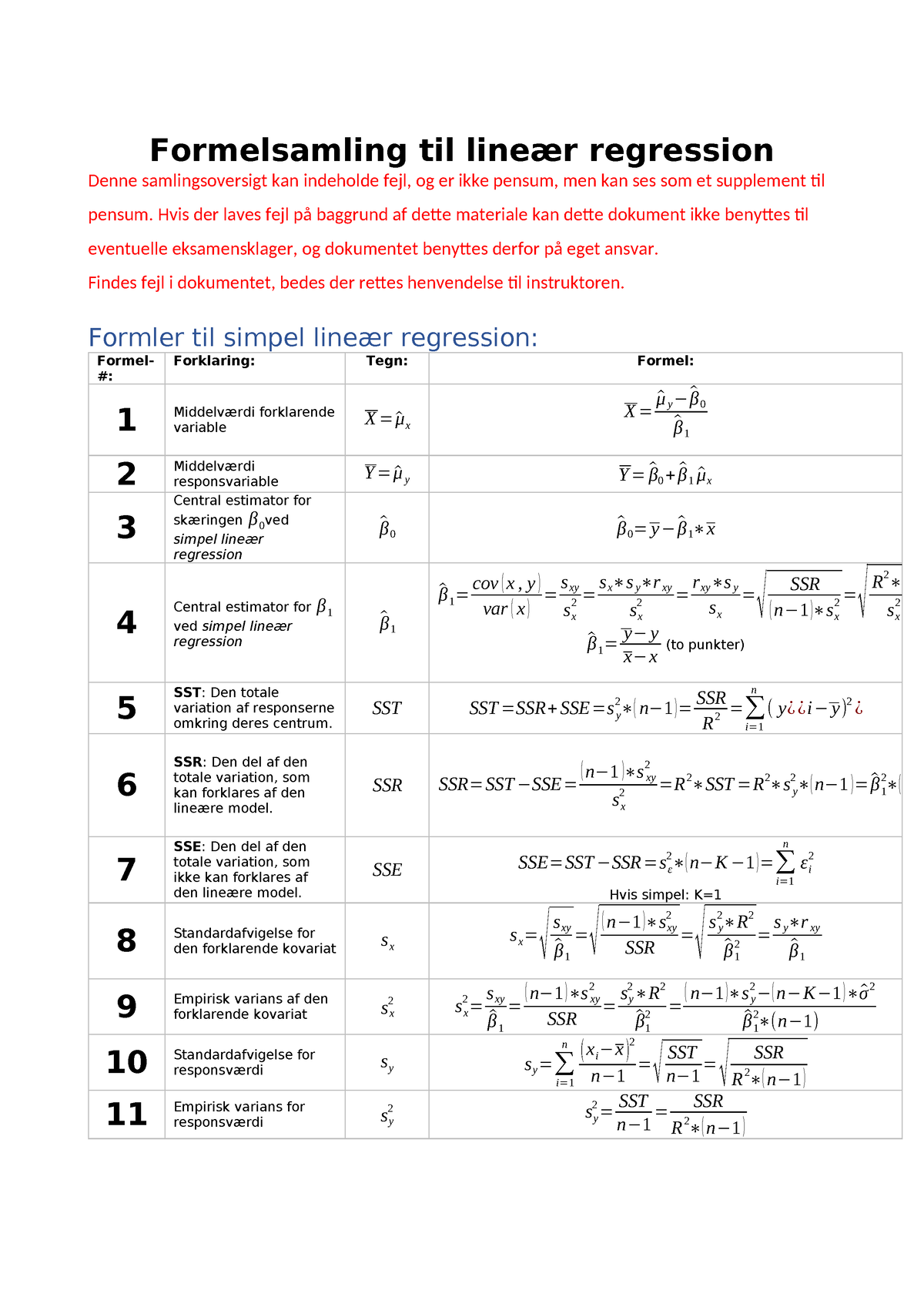 Formelsamling Til Lineær Regression - Formelsamling Til Lineær ...