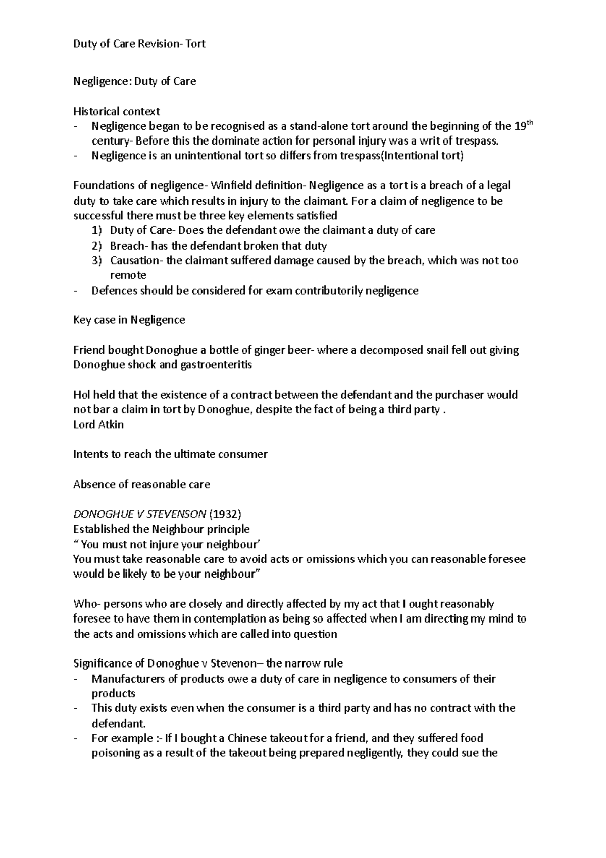 Duty Of Care Revision Duty Of Care Note Tort Law Duty Of Care 