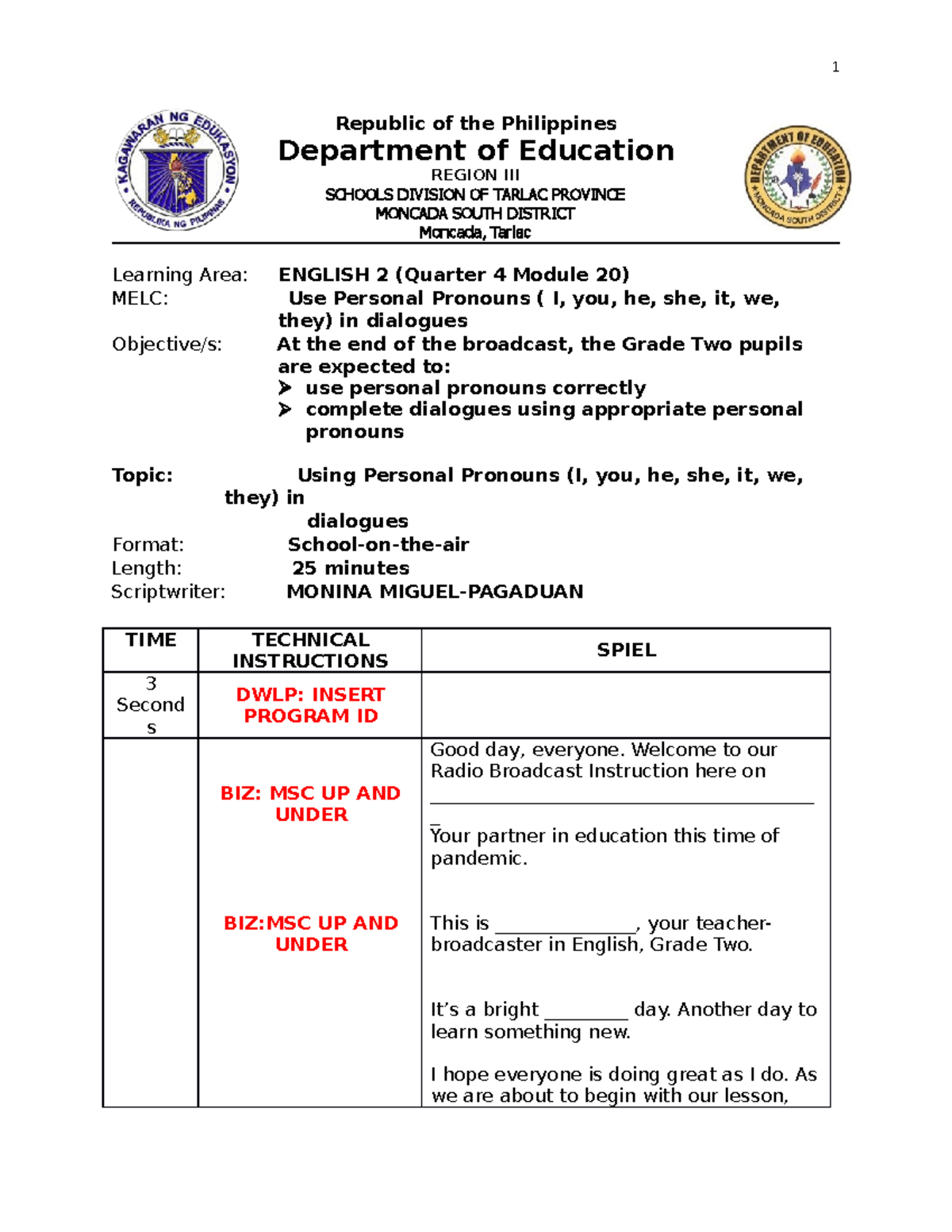ENG Script Q4 MELC2 - Republic of the Philippines Department of ...