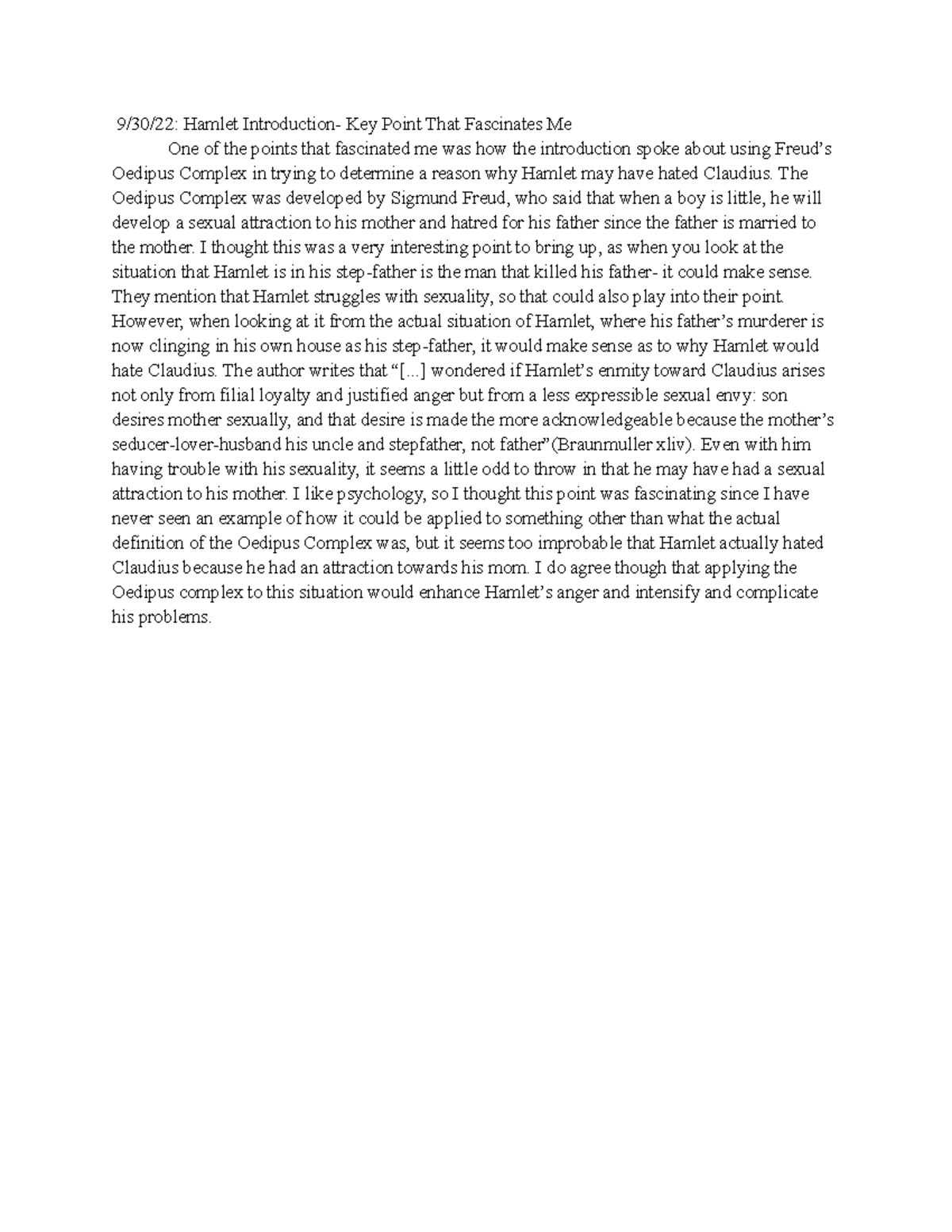 Journal Entry 2 Shakespeare Hamlet Introduction 9/30/22 Hamlet