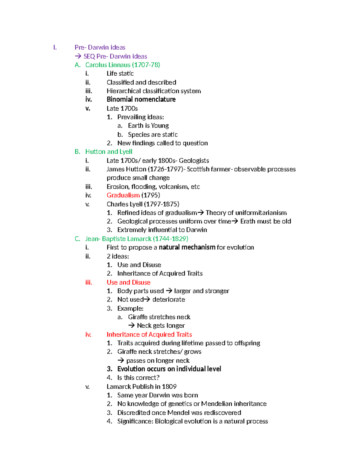 Pre-Darwin Notes - I. Pre- Darwin ideas SEQ Pre- Darwin ideas A ...