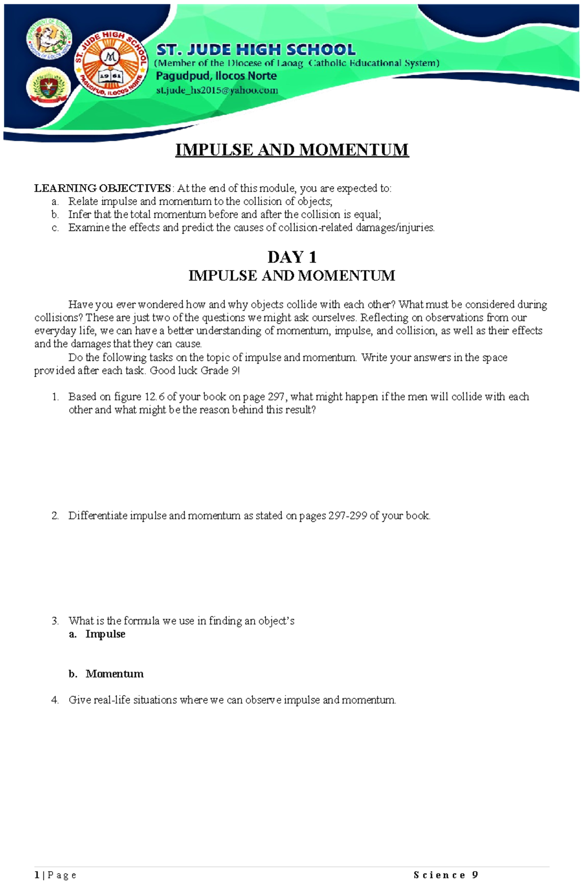 Science 9 Impulse AND Momentum - IMPULSE AND MOMENTUM LEARNING ...