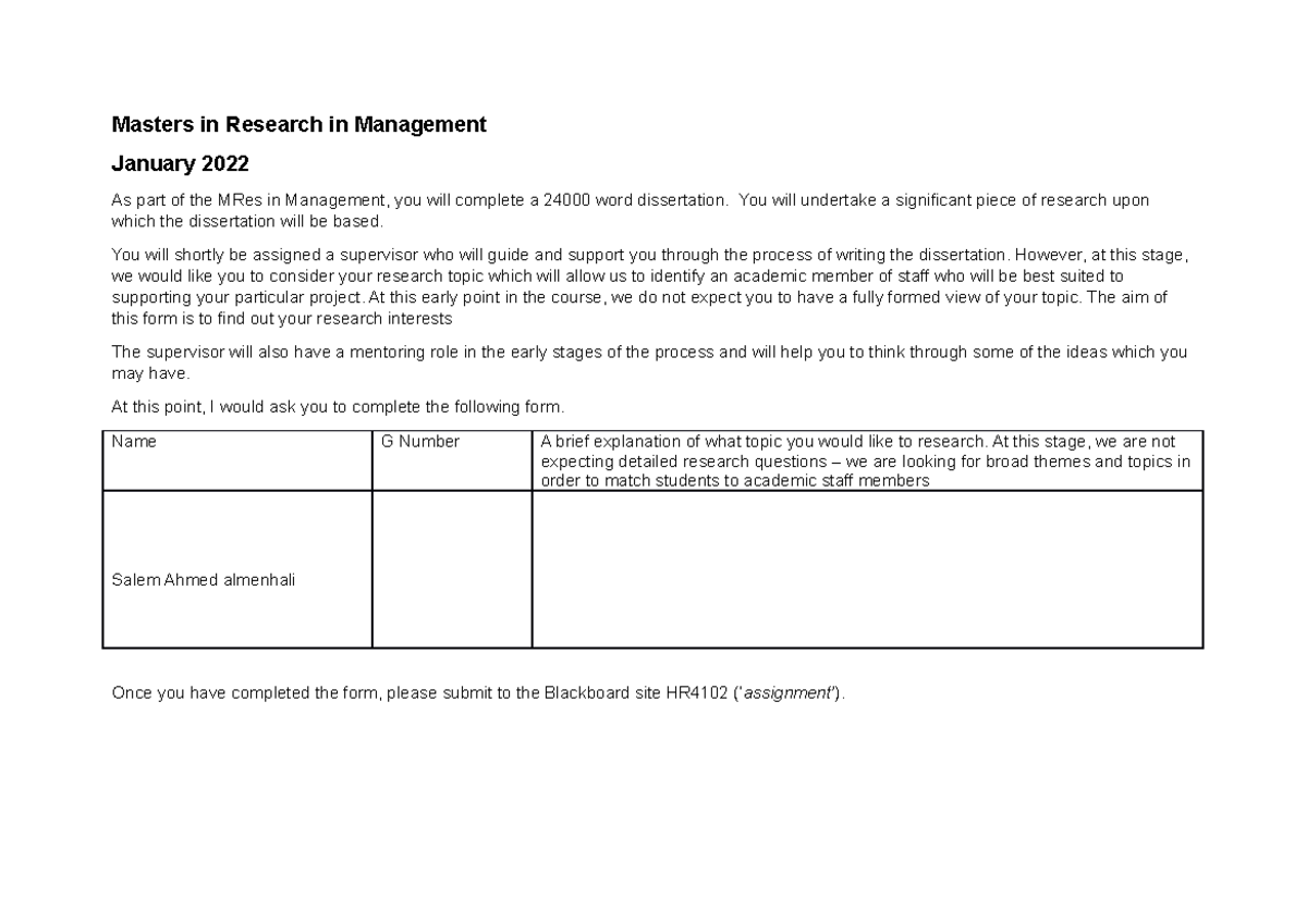 Dissertation Choice Form Masters in Research in Management January