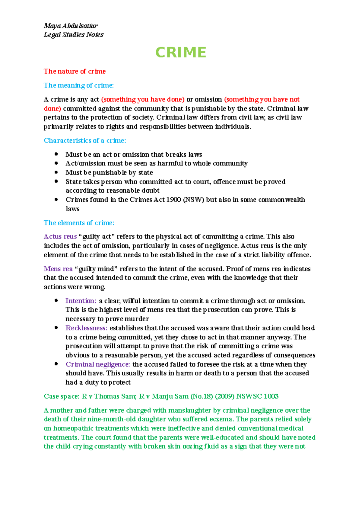 Crime Notes - Very good - Legal Studies Notes CRIME The nature of crime ...