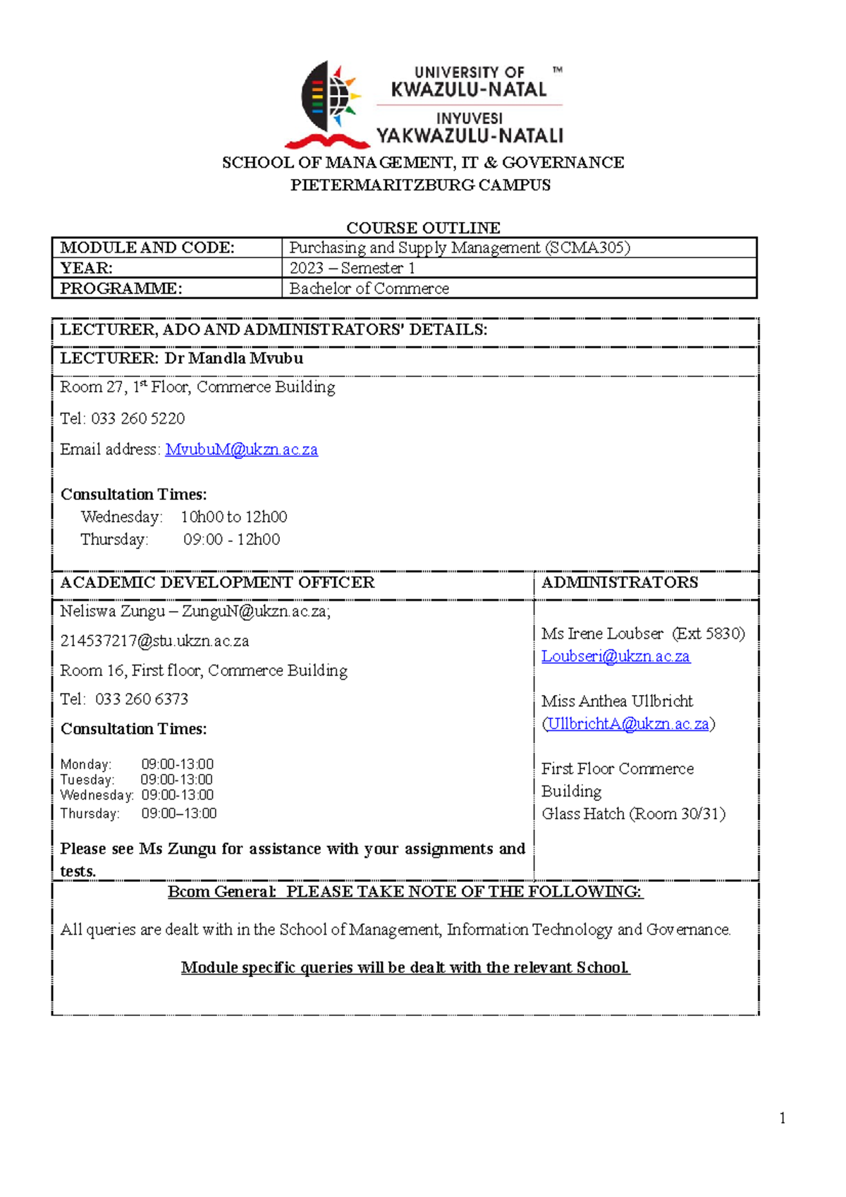 SCMA305 Course Outline 2023 - SCHOOL OF MANAGEMENT, IT & GOVERNANCE ...