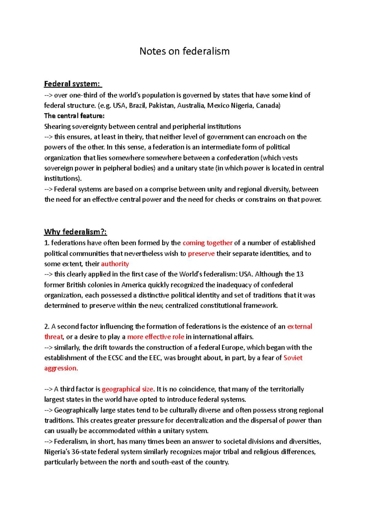 Notes on Federalism - (e. USA, Brazil, Pakistan, Australia, Mexico ...
