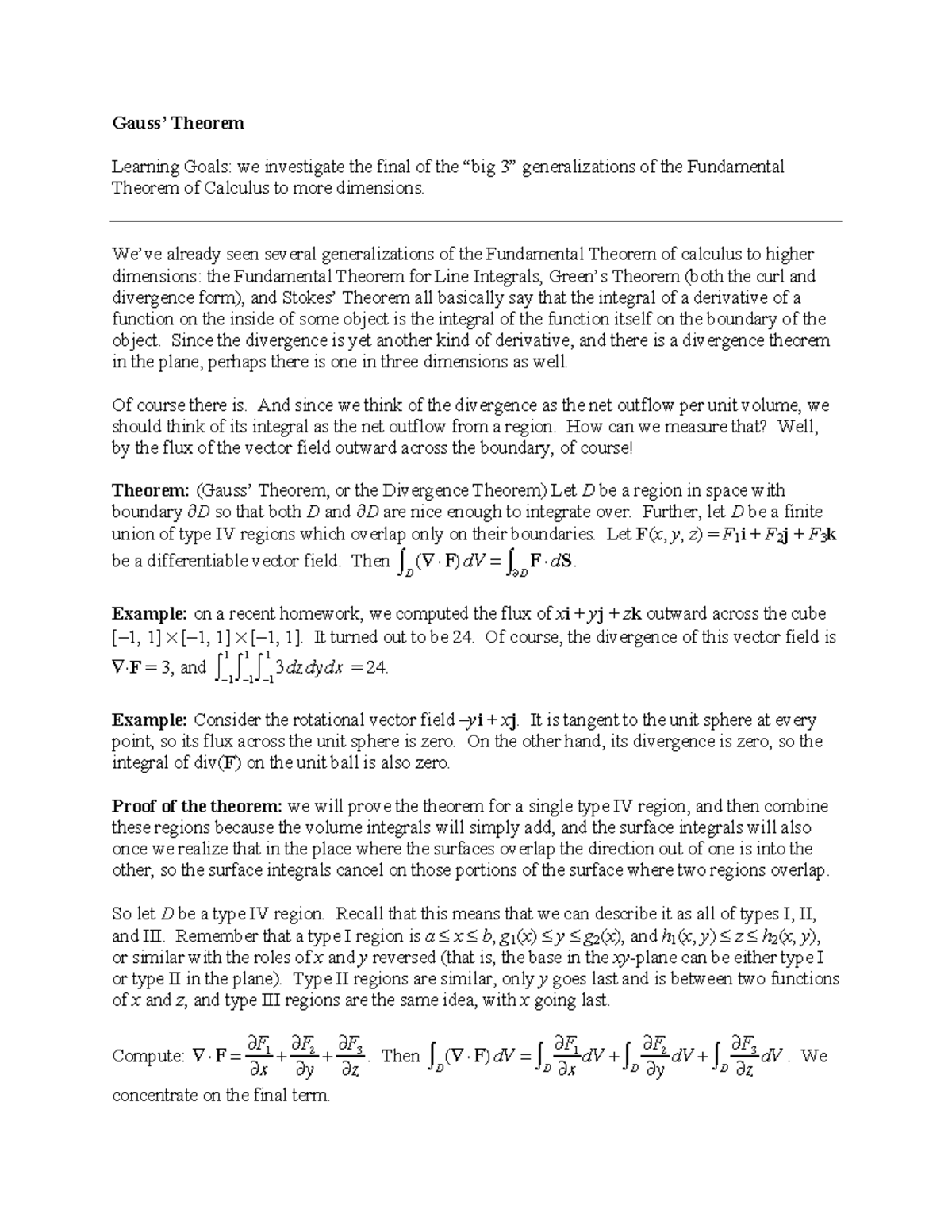 Notes 65-Gauss Theorem - Gauss’ Theorem Learning Goals: We Investigate ...