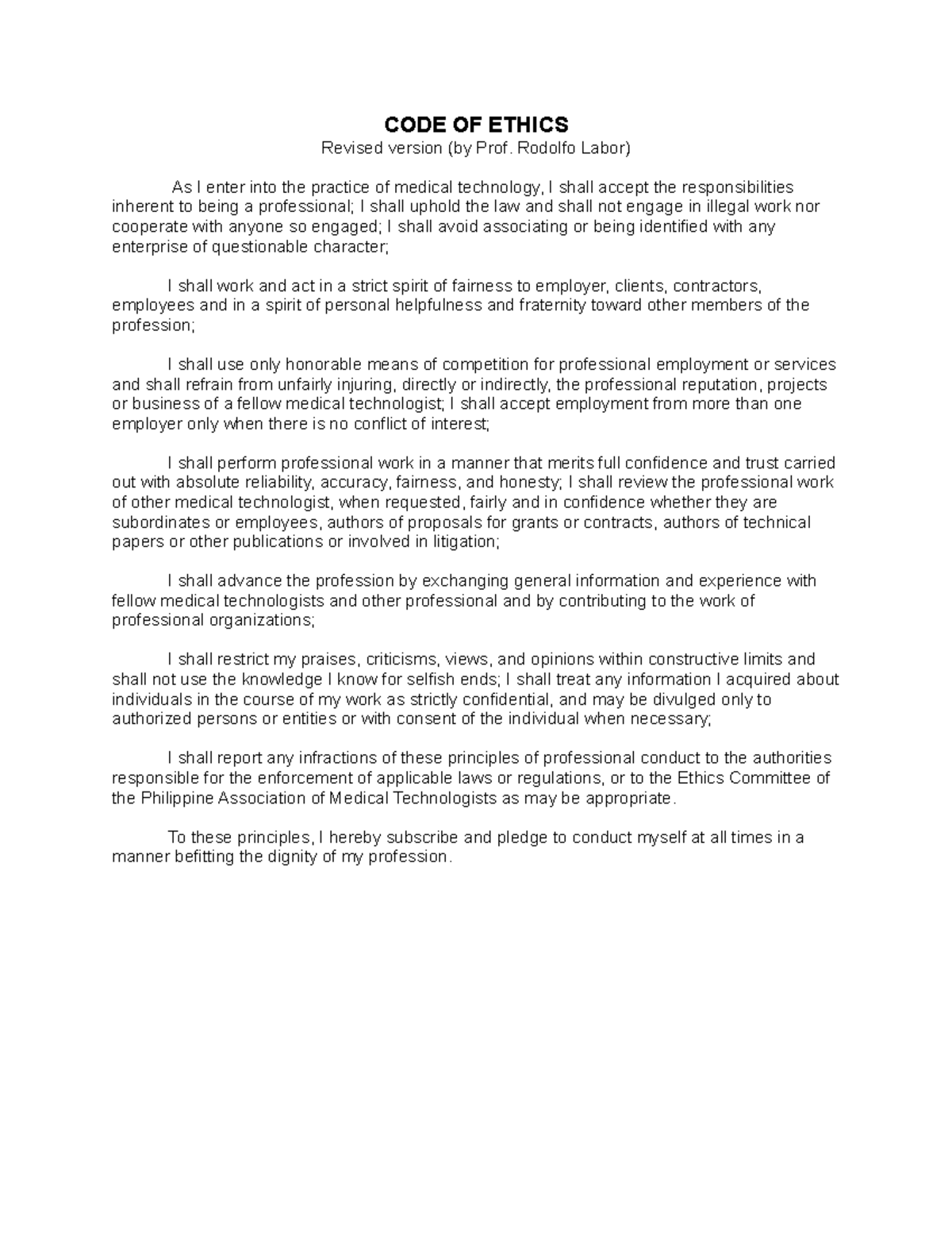 CODE OF Ethics Lecture notes 1, 36,10 CODE OF ETHICS Revised