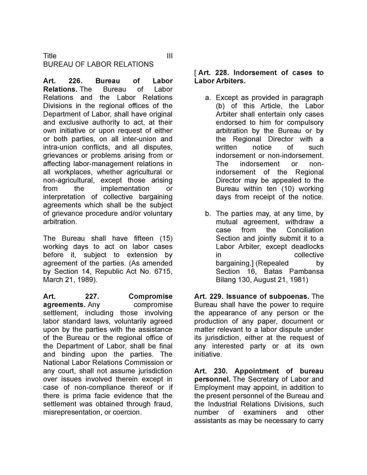 Article 226-246 - Non - Title III BUREAU OF LABOR RELATIONS Art. 226 ...