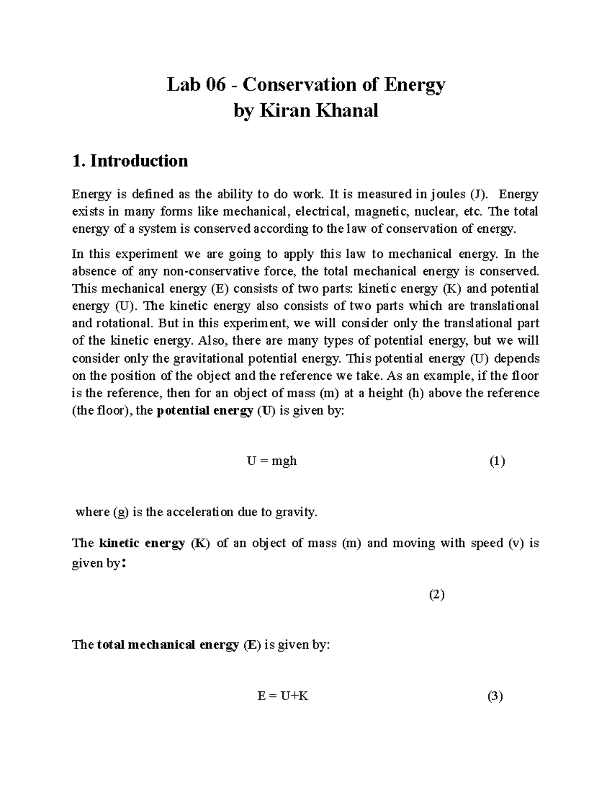 Lab 06 Conservation of Energy Lab 06 Conservation of Energy by