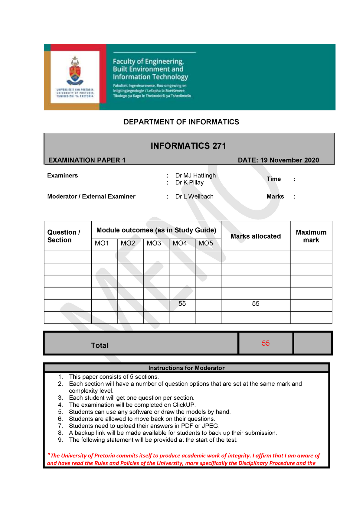 Exam Paper 1 Update After Exam Extract DEPARTMENT OF INFORMATICS 