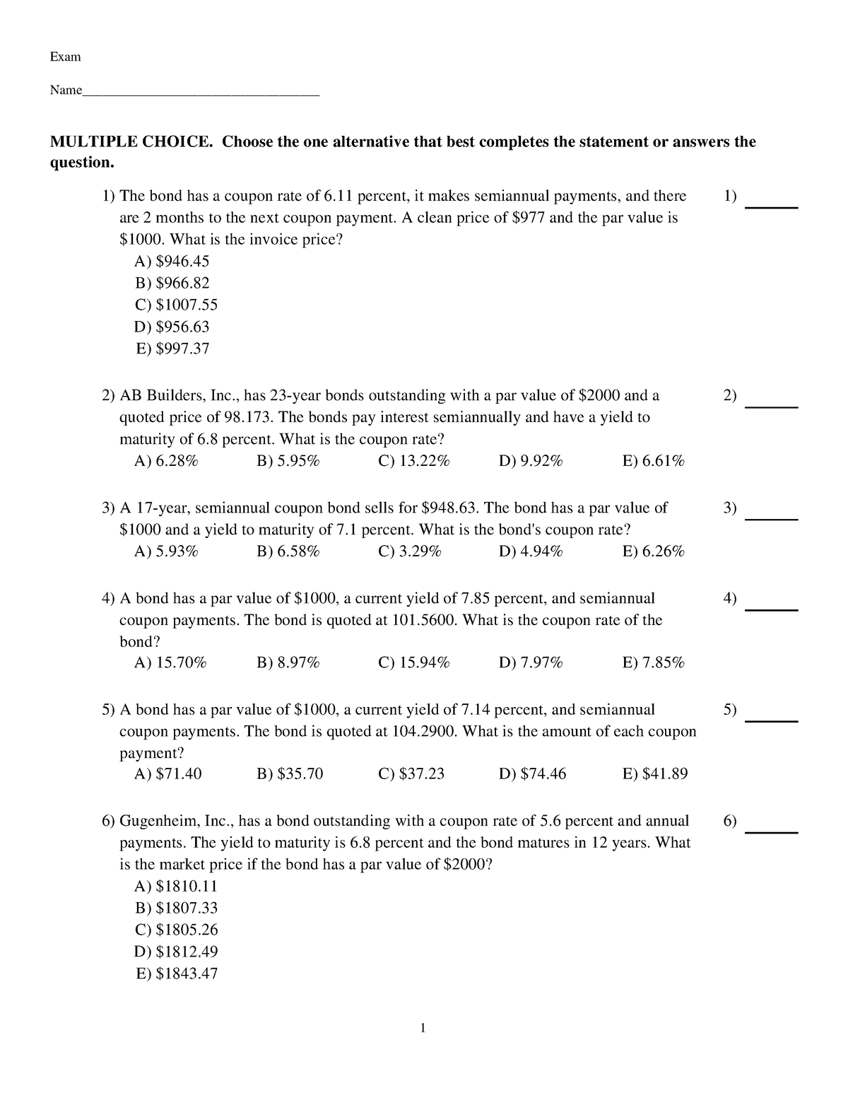 Chapter 7 Quizz - Exam Name___________________________________ MULTIPLE ...