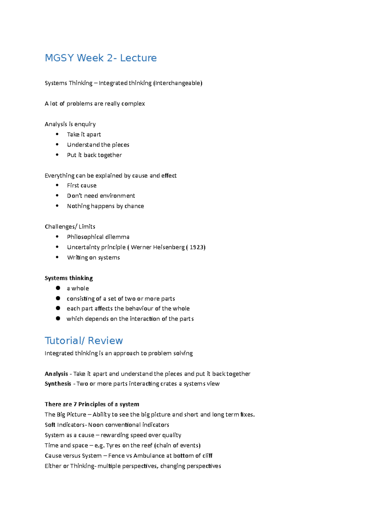 MGSY1010 - week 2 notes - week2 - MGSY Week 2- Lecture Systems Thinking ...