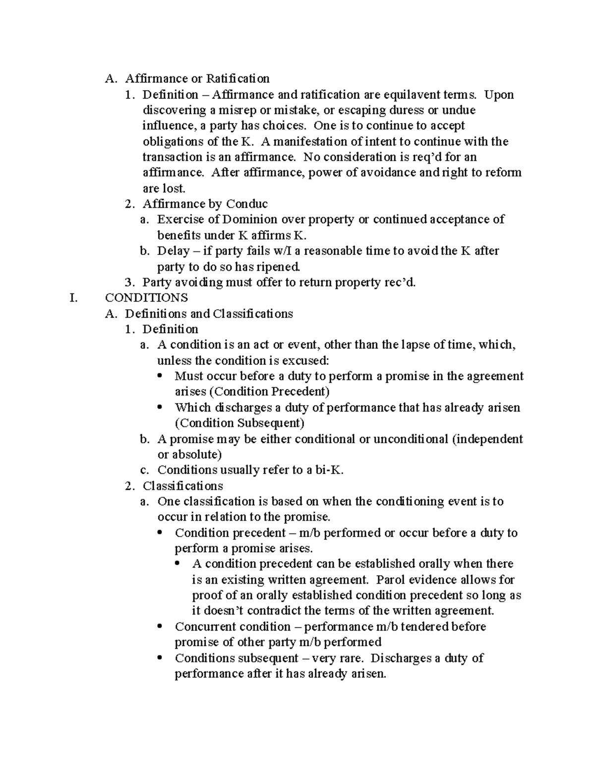 Contracts Law Outline - 3 - A. Affirmance or Ratification 1. Definition ...