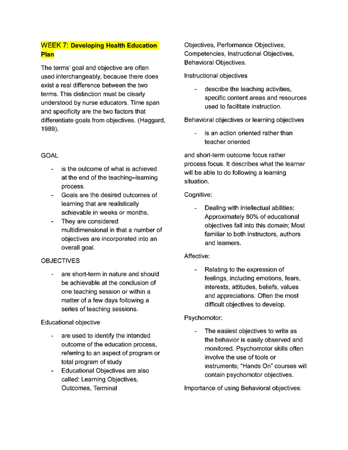 Week7 - Health education teaching plan - WEEK 7: Developing Health ...