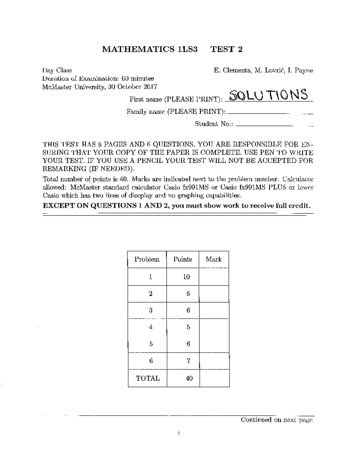 Test Fall 2017, questions and answers - MATHEMATICS 1LS3 TEST 2 Day ...