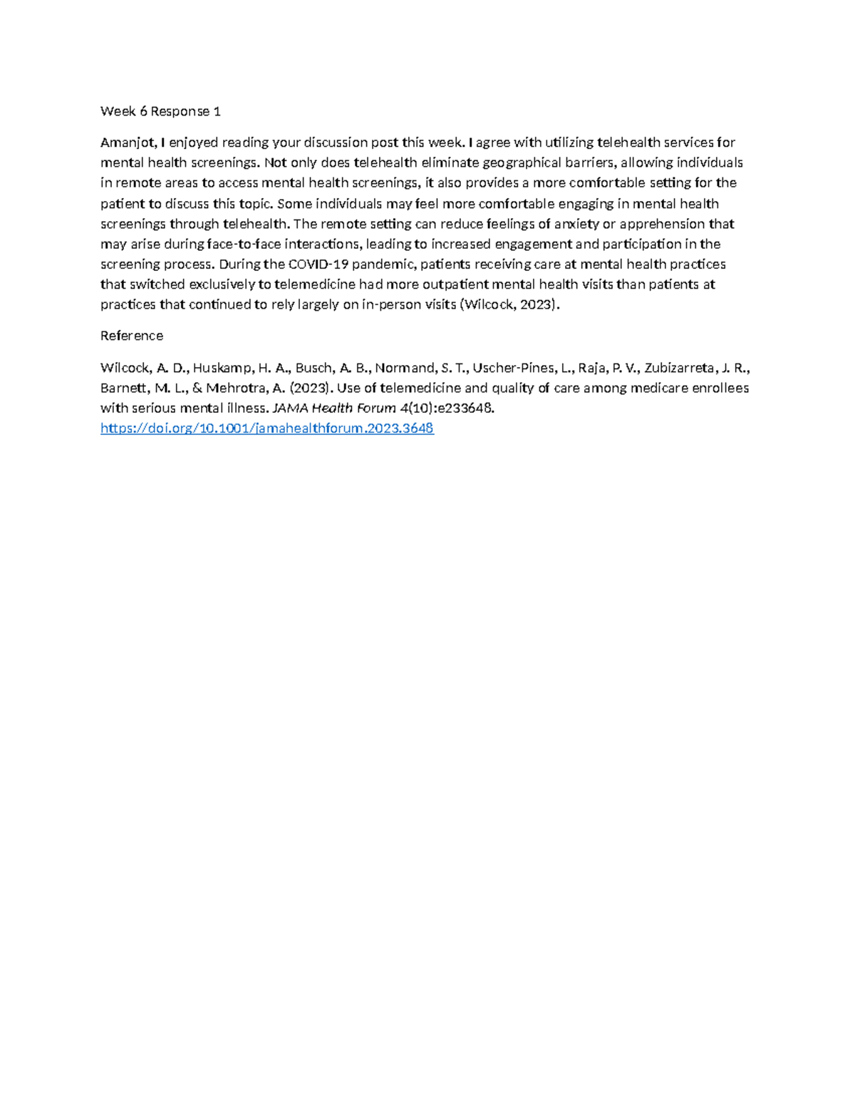NRS601 wk 6 response 1 - assignment - Week 6 Response 1 Amanjot, I ...
